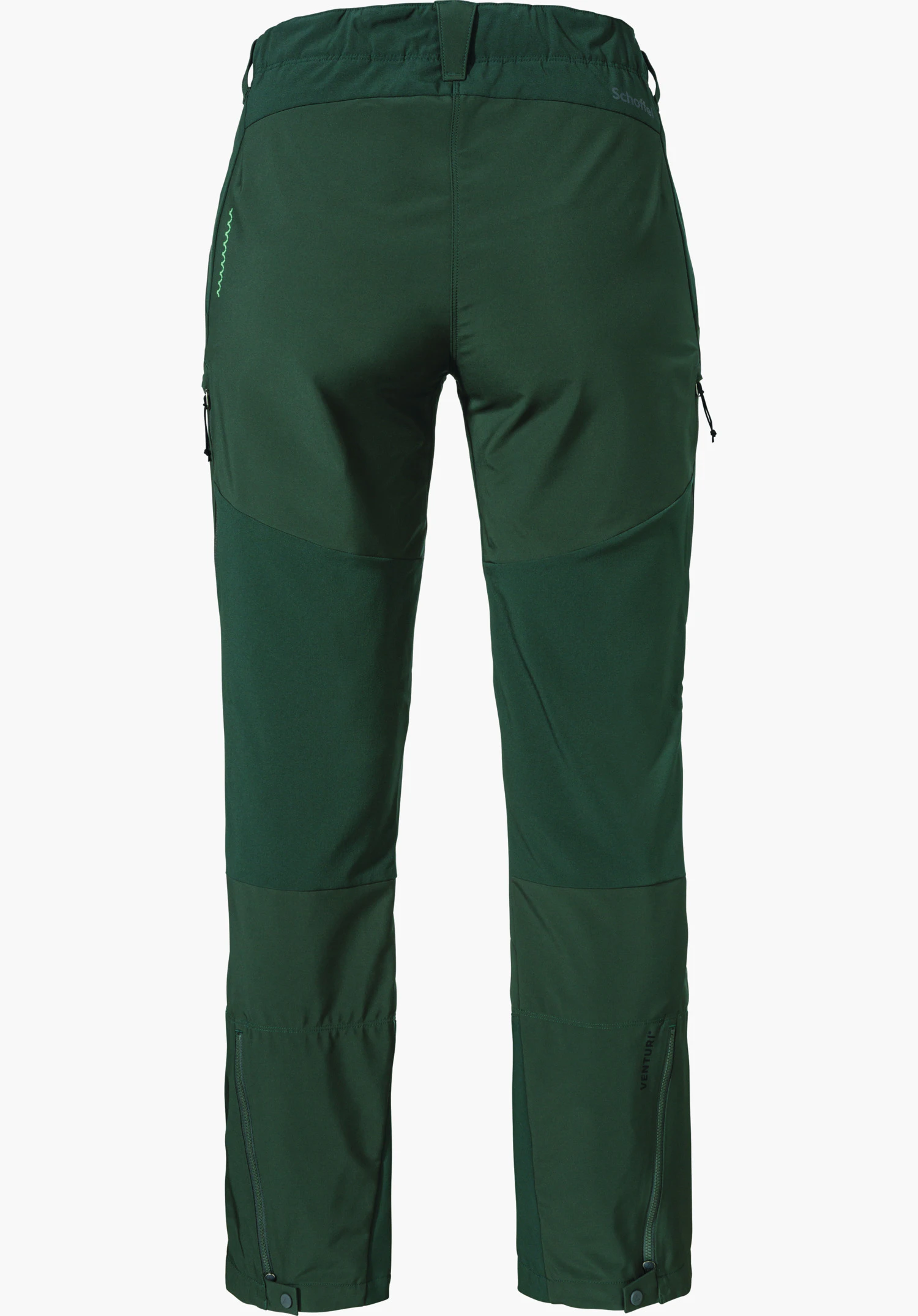Softshell Pt Style Milagle WMS pantalon softshell vert foncé, vue arrière; présenté droit sur fond blanc; poches latérales zippées, genoux renforcés, bas de jambes avec boutons-pression. Texte: "Schöffel", "VENTURI".