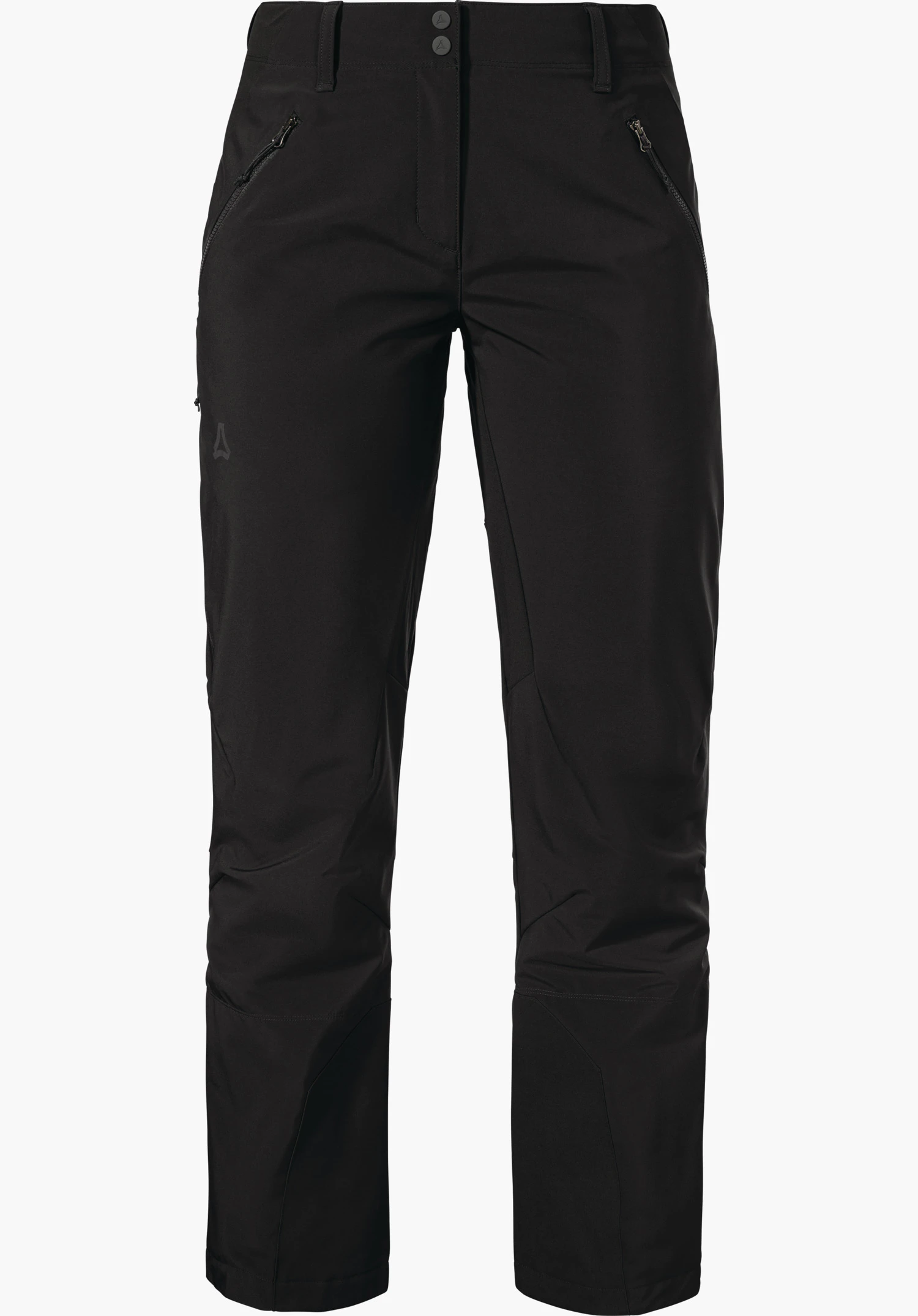 Mountain Softshell Pt Style Milagle WMS pantalon softshell de ski de randonnée noir, présenté de face, coupe droite avec poches zippées diagonales, renforts aux bas de jambe et logo Schöffel sur le côté extérieur gauche; détouré sur fond blanc.