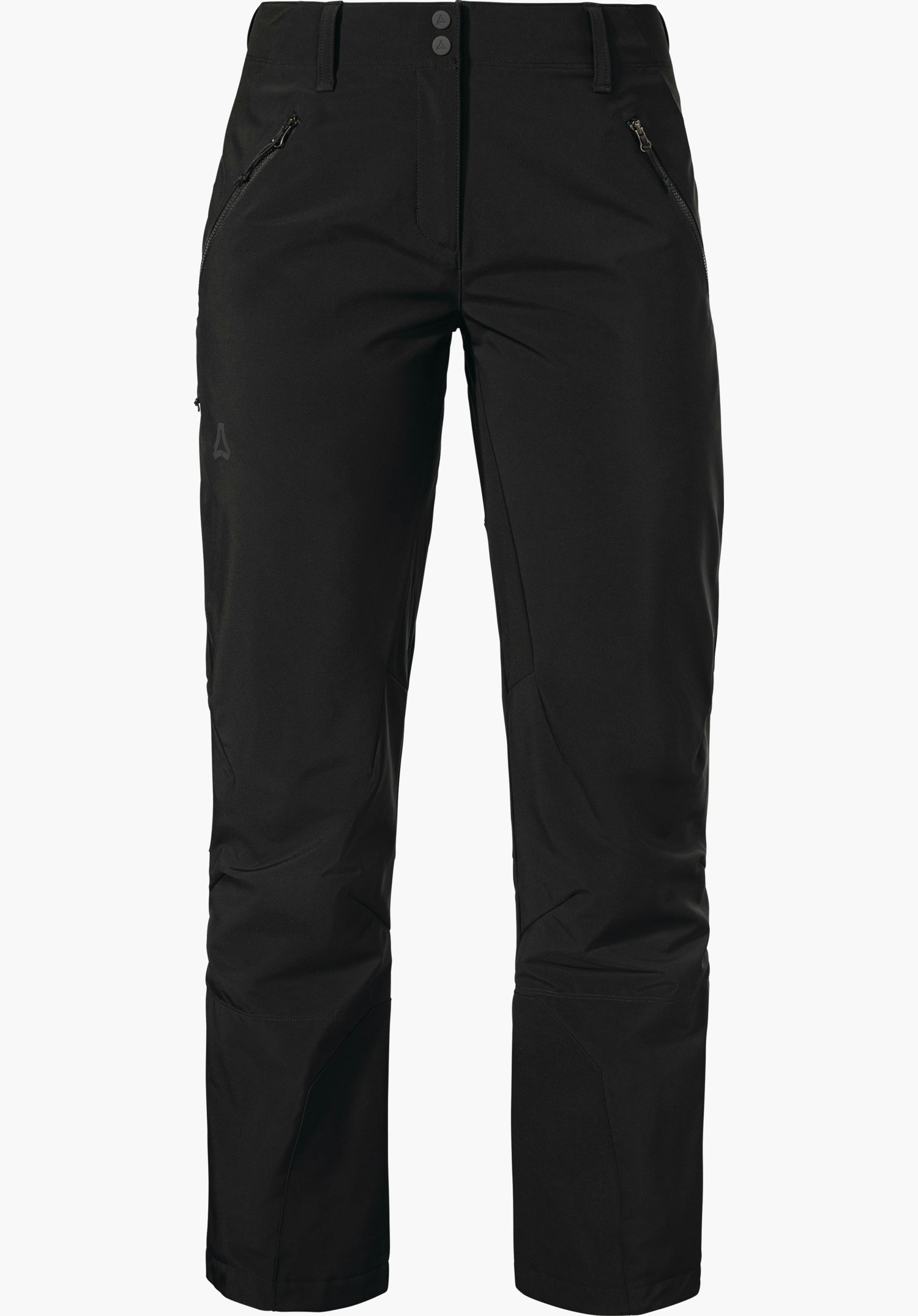 Mountain Softshell Pt Style Milagle WMS pantalon softshell de ski de randonnée noir, présenté de face, coupe droite avec poches zippées diagonales, renforts aux bas de jambe et logo Schöffel sur le côté extérieur gauche; détouré sur fond blanc.