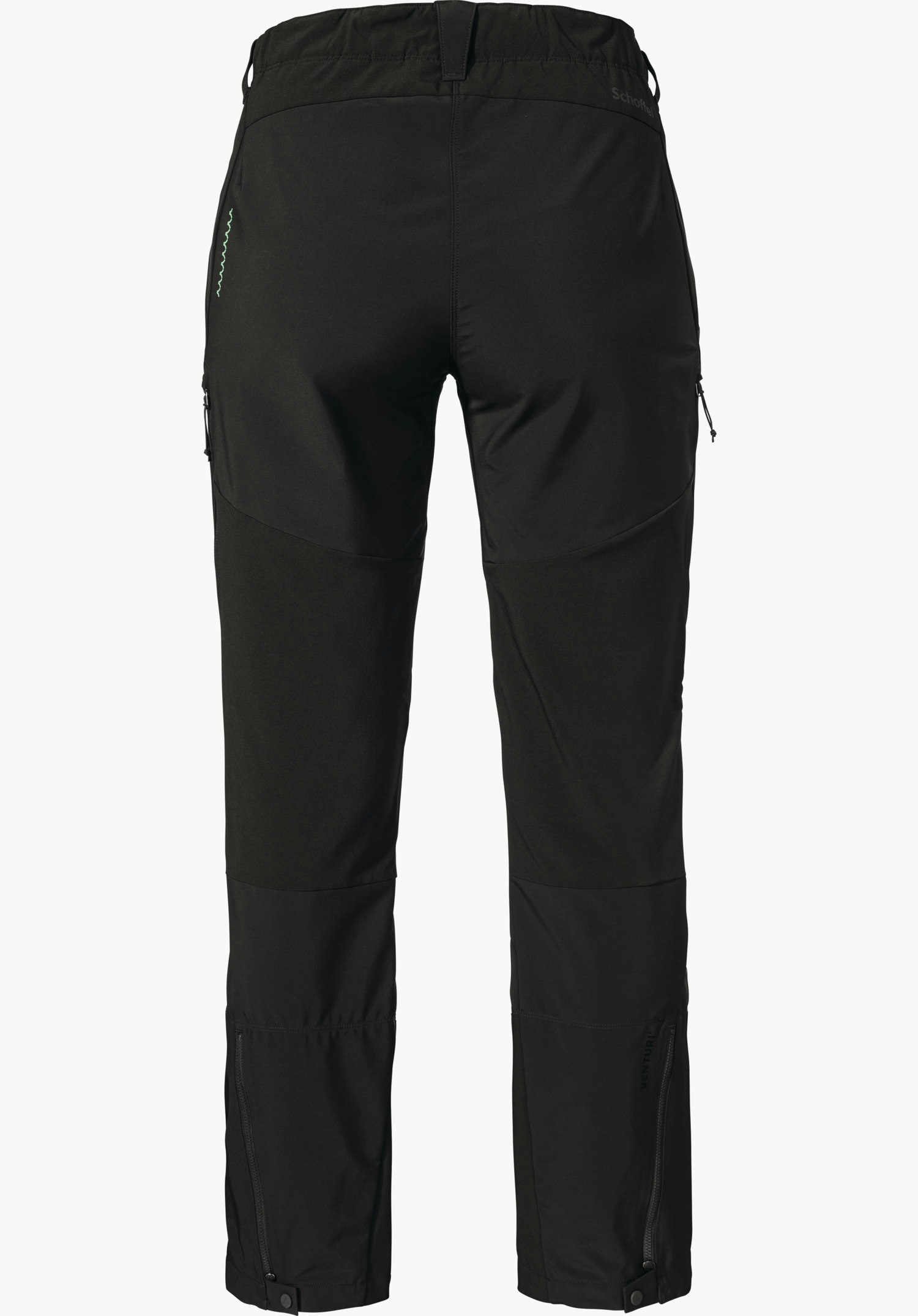Softshell Pt Style Milagle WMS pantalon softshell noir, vue arrière; présenté droit, zips des jambes et des poches visibles, couture décorative verte sur la hanche gauche; fond blanc. Texte: "Schöffel", "VENTURI".