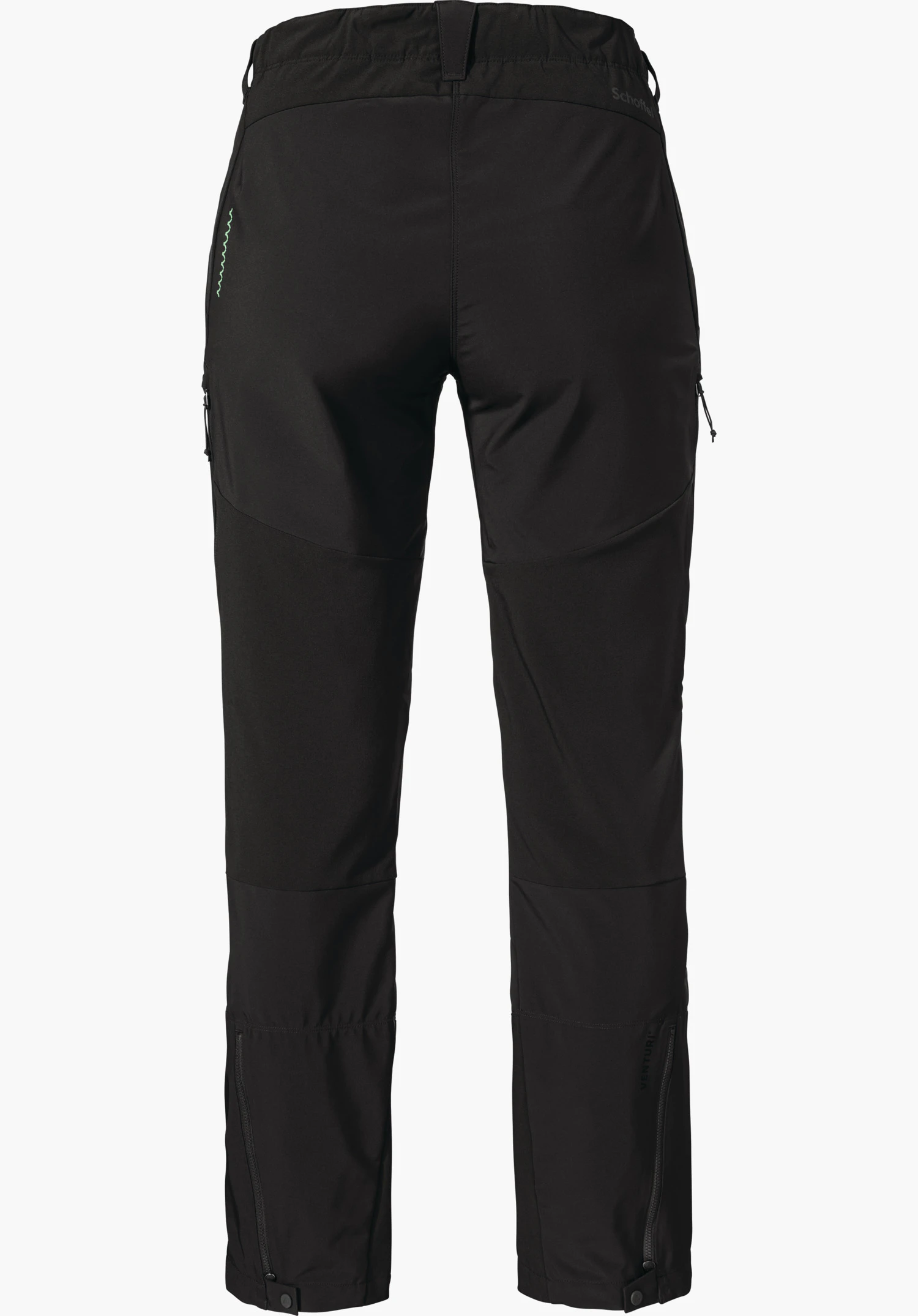Softshell Pt Style Milagle WMS pantalon softshell noir, vue arrière; présenté droit, zips des jambes et des poches visibles, couture décorative verte sur la hanche gauche; fond blanc. Texte: "Schöffel", "VENTURI".