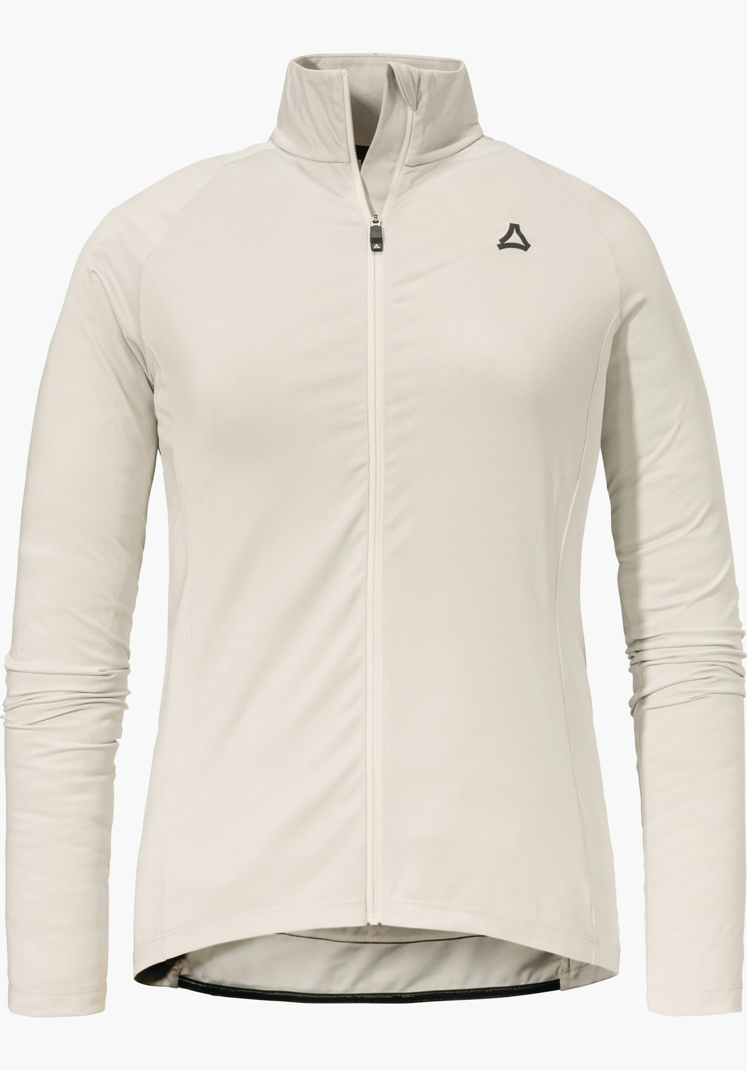 Longsleeve Style Kubena WMS white fitted cycling jersey with closed zip, long sleeves slightly gathered, black Schöffel logo on left chest; isolated on a bright background.