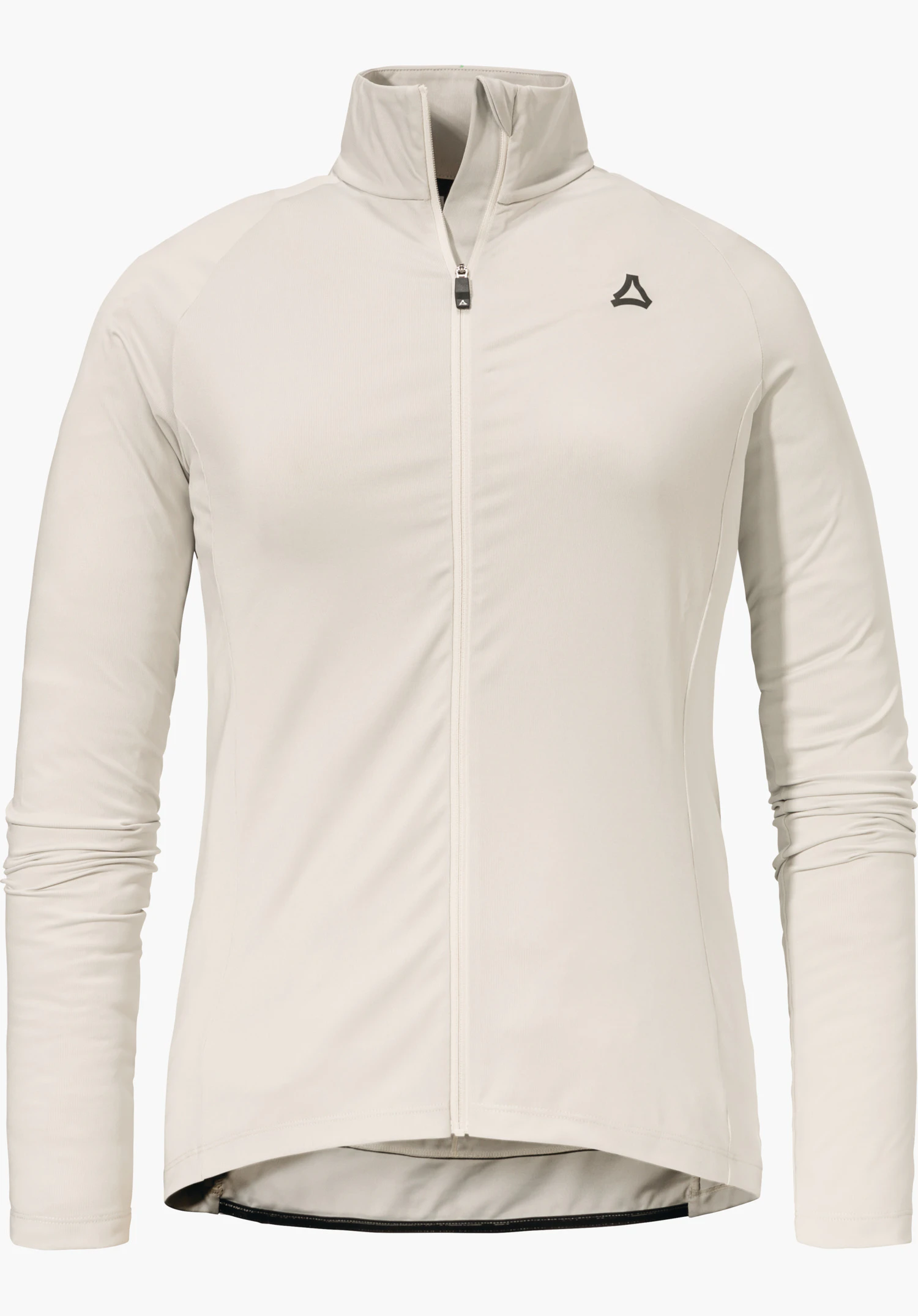 Longsleeve Style Kubena WMS maillot cycliste blanc cintré, fermeture éclair fermée, manches longues légèrement froncées, logo Schöffel noir sur la poitrine gauche, détouré sur fond blanc.