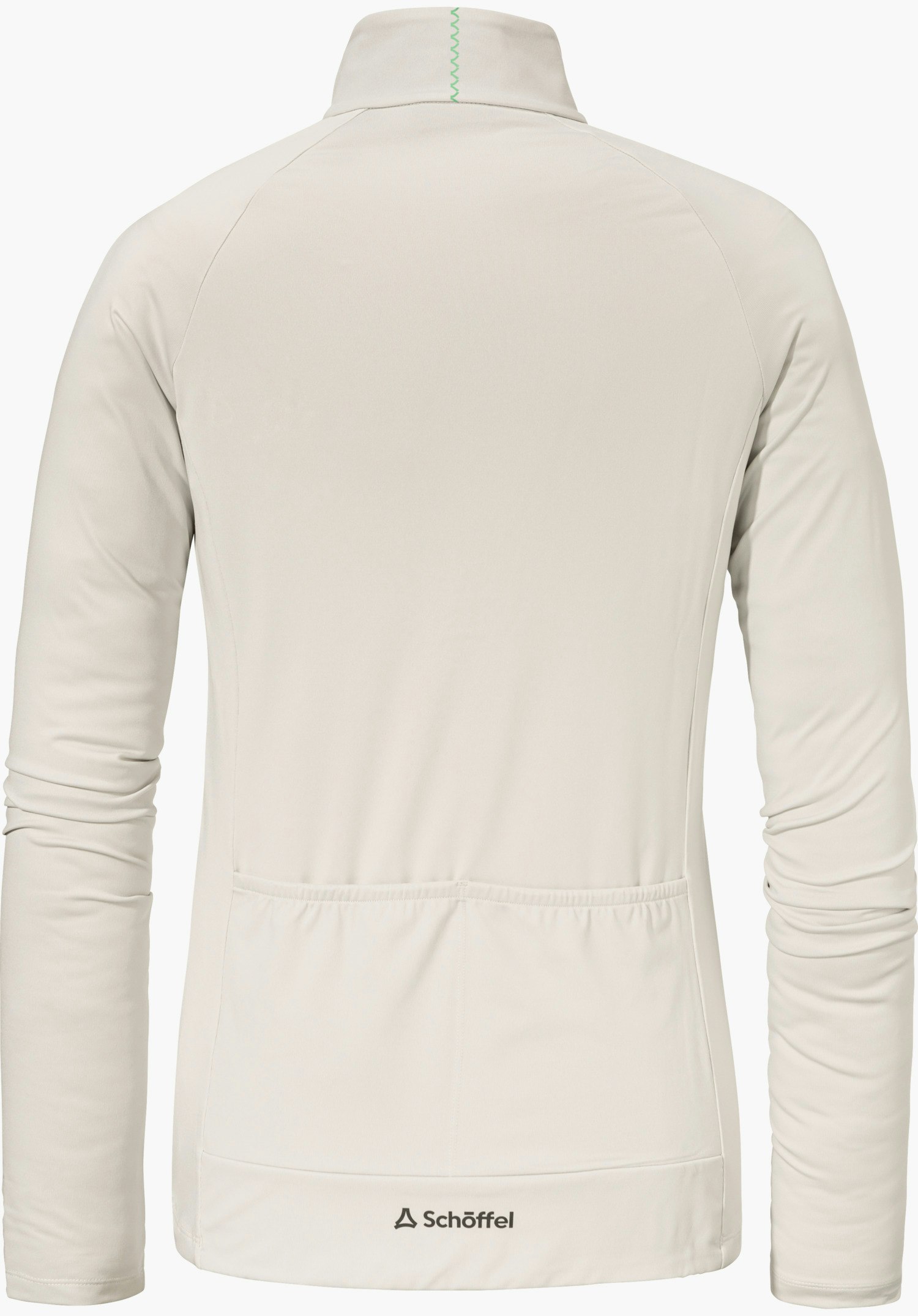 Longsleeve Style Kubena WMS white long-sleeved top, viewed from the back, long sleeves, high collar, three rear pockets with elasticated opening, Schöffel logo and lettering at the lower hem, white background.