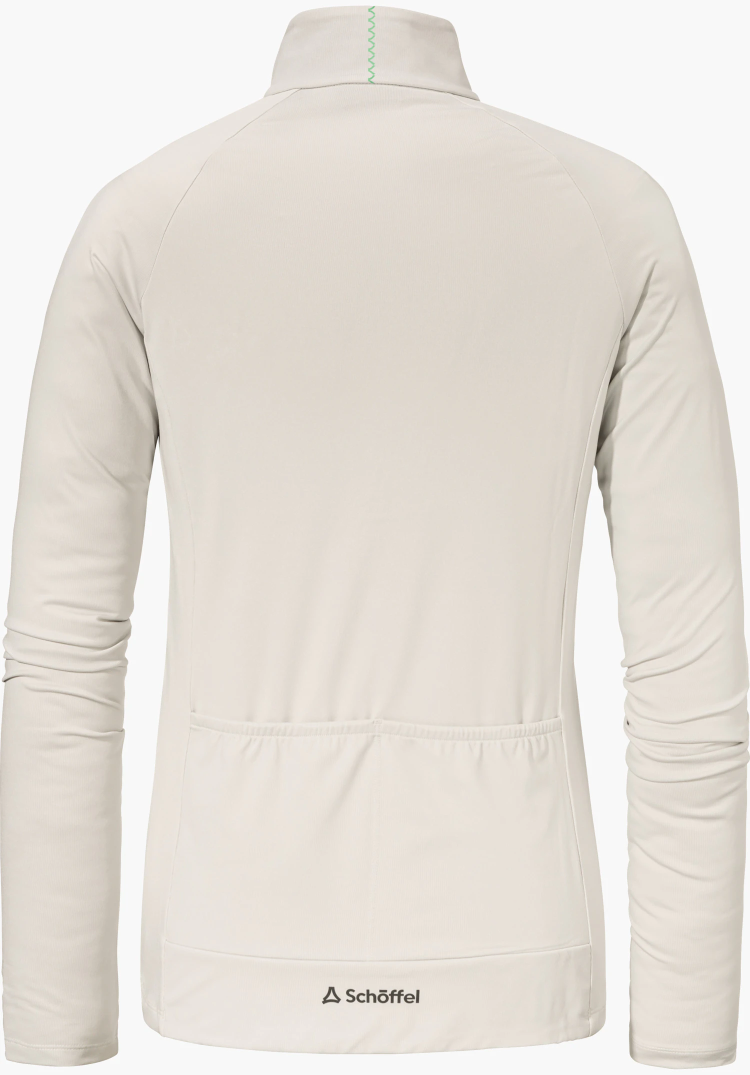 Longsleeve Style Kubena WMS Haut manches longues blanc, vue de dos; manches longues, col haut, trois poches arrière avec élastique, logo Schöffel et lettrage à l’ourlet, sur fond blanc.
