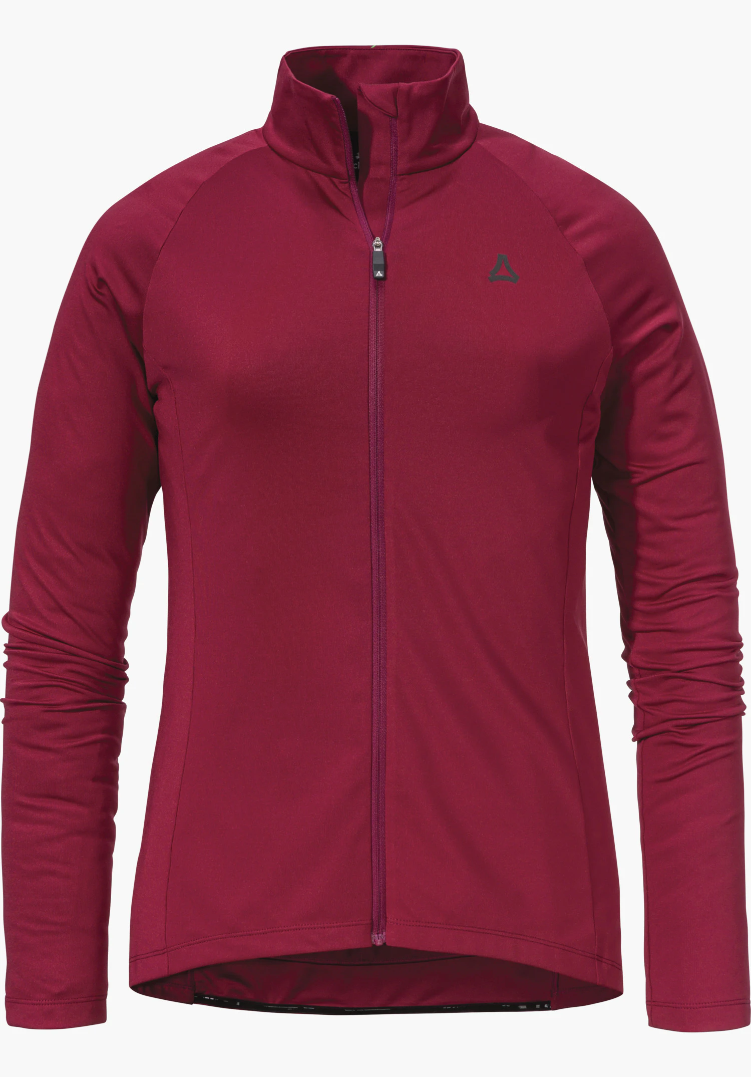 Longsleeve Style Kubena WMS maillot cycliste bordeaux cintré à manches longues avec fermeture éclair, col montant et manches longues, entièrement zippé; logo Schöffel sur la poitrine gauche, sur fond blanc.