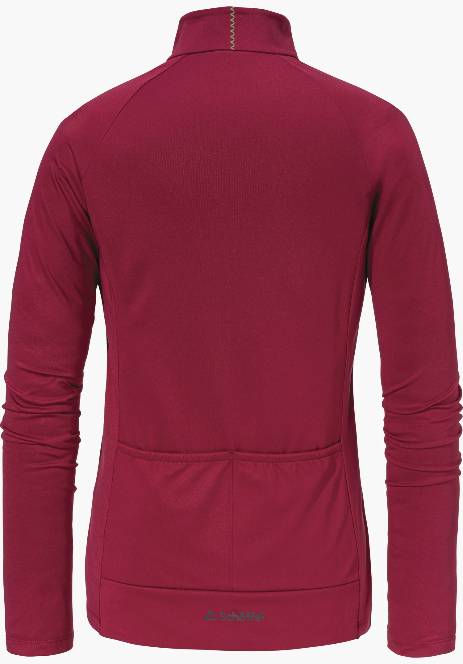 Longsleeve Style Kubena WMS Haut manches longues rouge foncé, vue de dos; posé à plat, deux poches en bas du dos, manches froncées, logo Schöffel à l’ourlet.