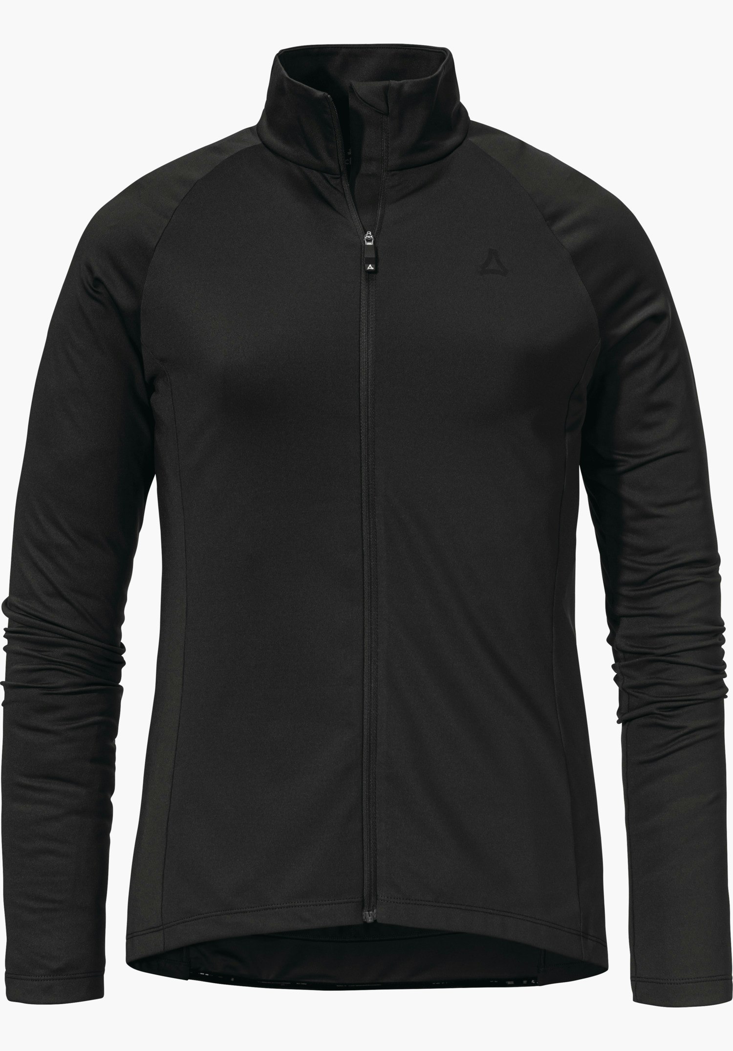 Longsleeve Style Kubena WMS maillot cycliste noir à manches longues avec col montant; fermeture éclair frontale fermée, logo Schöffel sur la poitrine, vue de face sur fond blanc.