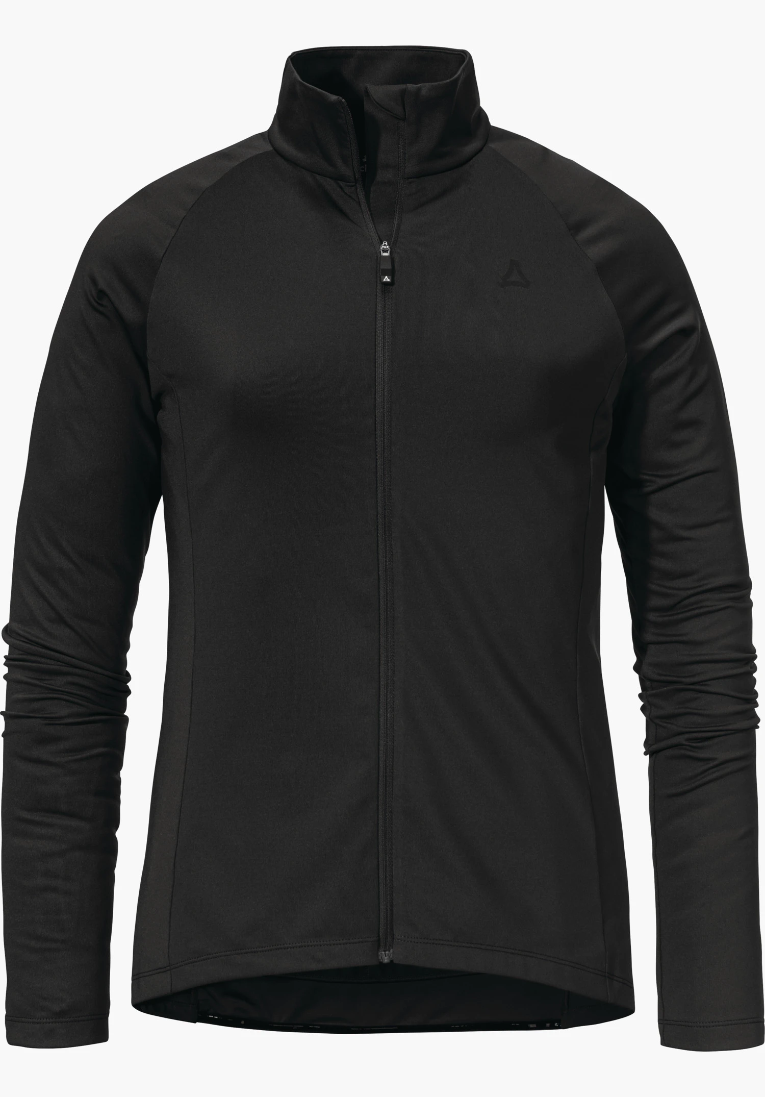Longsleeve Style Kubena WMS maillot cycliste noir à manches longues avec col montant; fermeture éclair frontale fermée, logo Schöffel sur la poitrine, vue de face sur fond blanc.