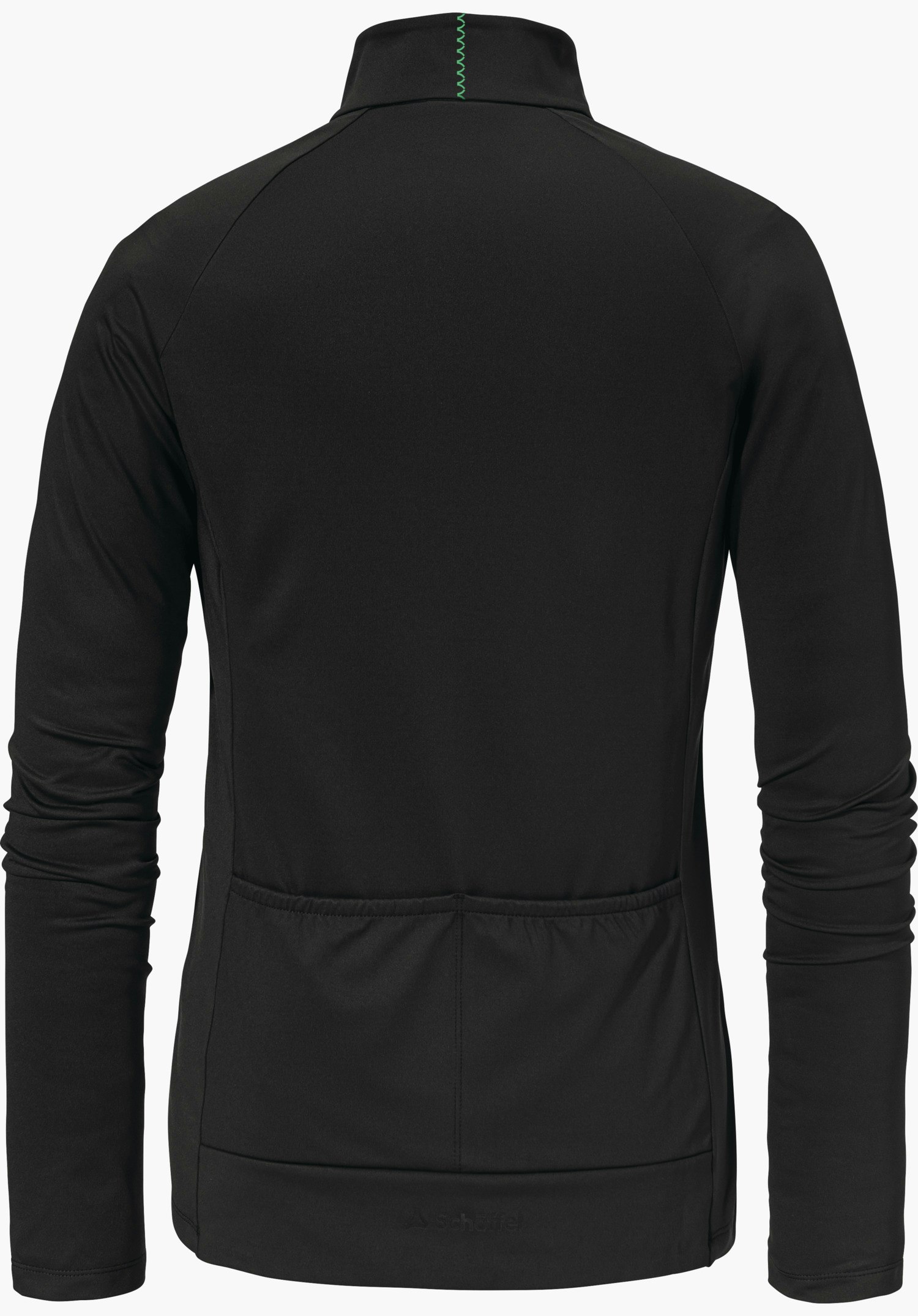 Longsleeve Style Kubena WMS schwarze Langarmoberteil, Rückansicht; hochgestellter Kragen mit hellgrüner Zickzack-Naht, drei Rückentaschen und lange Ärmel, vor weißem Hintergrund. Text: Schöffel.