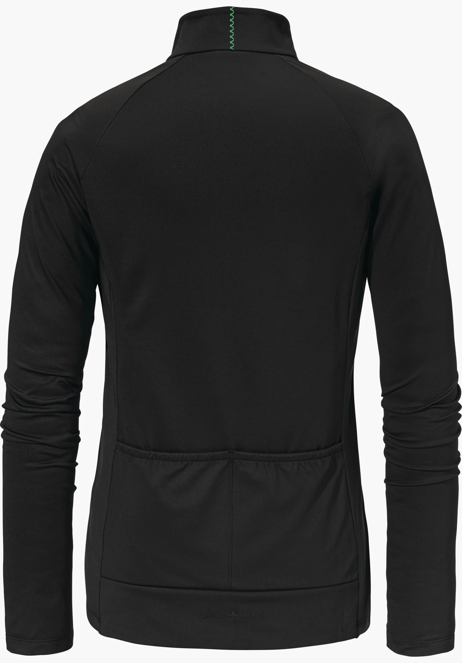 Longsleeve Style Kubena WMS Haut manches longues noir, vue de dos; col relevé avec couture zigzag vert clair, trois poches arrière et manches longues, sur fond blanc. Texte : Schöffel.