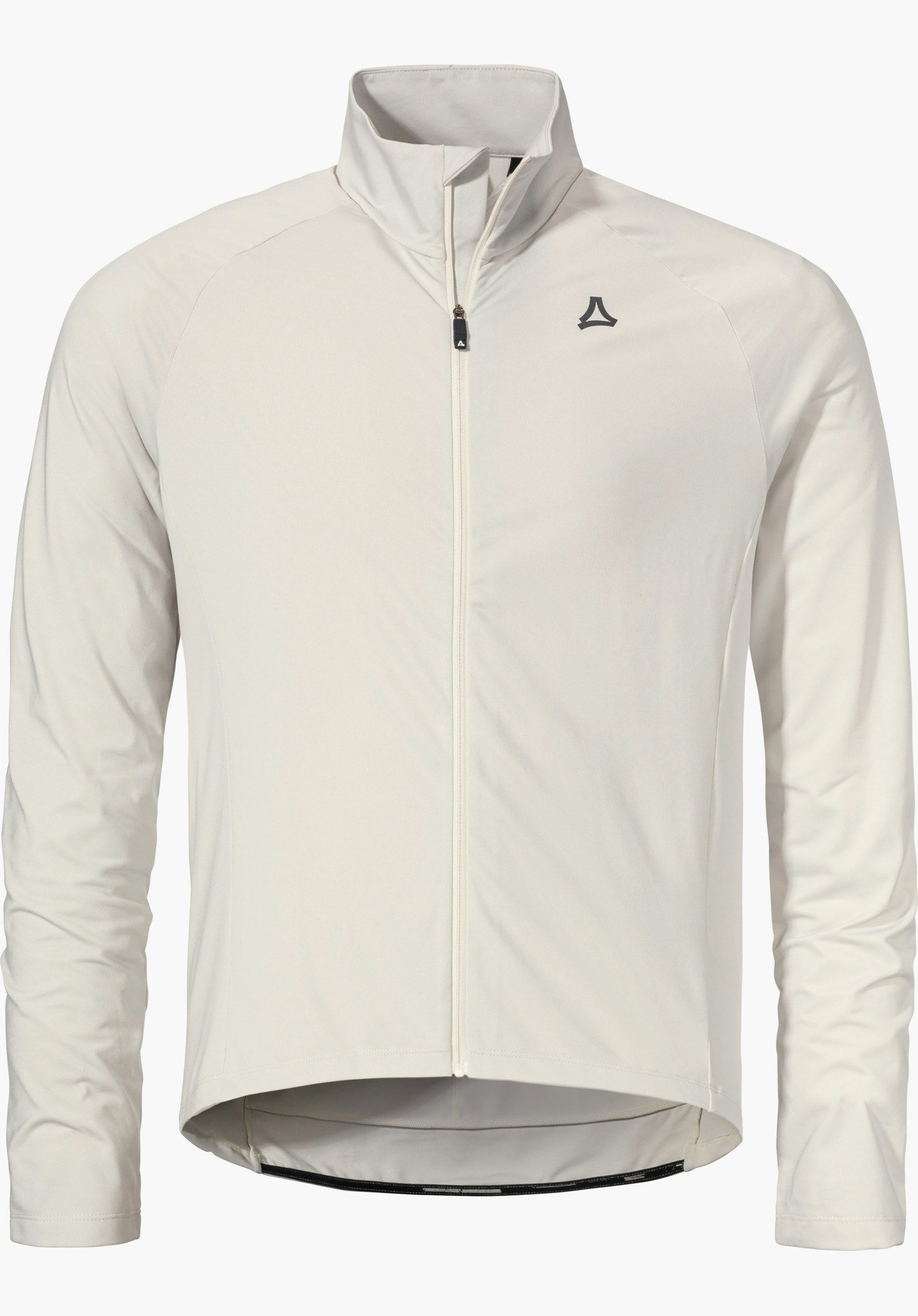 Longsleeve Style Kubena MNS Weißes, leichtes Radtrikot mit geschlossenem Reißverschluss, Stehkragen und Schöffel-Logo auf der Brust; lange Ärmel, taillierter Schnitt, freigestellt vor hellem Hintergrund.