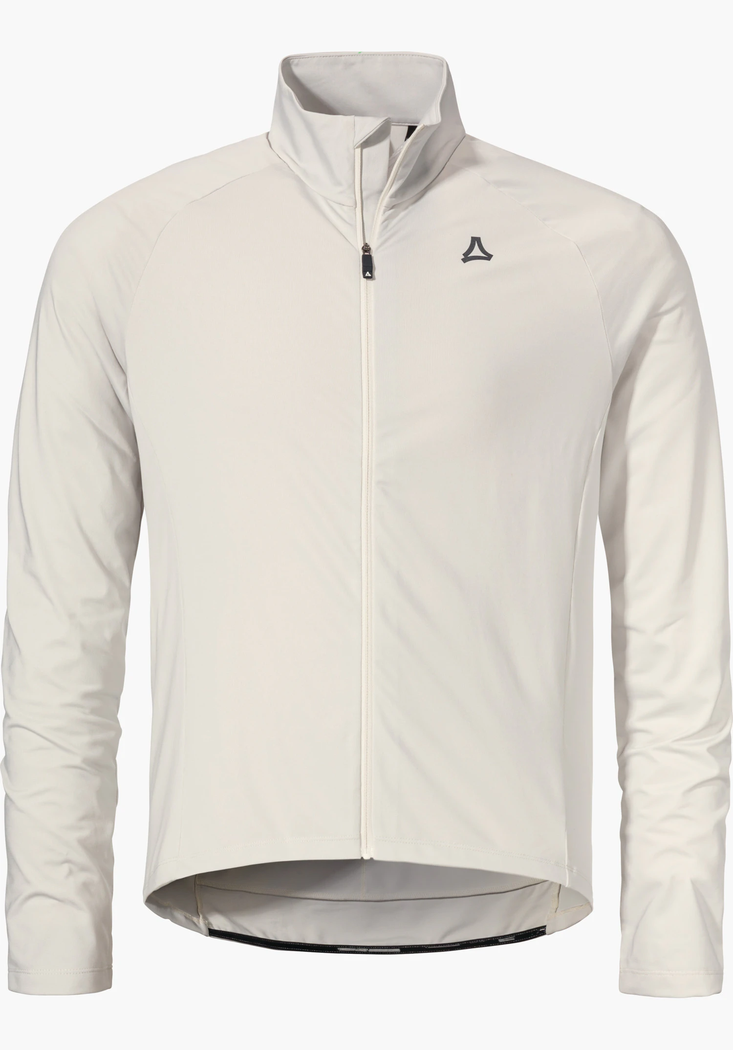 Longsleeve Style Kubena MNS white lightweight cycling jersey with closed zip, stand-up collar and Schöffel logo on chest; long sleeves, fitted cut; isolated on a bright background.