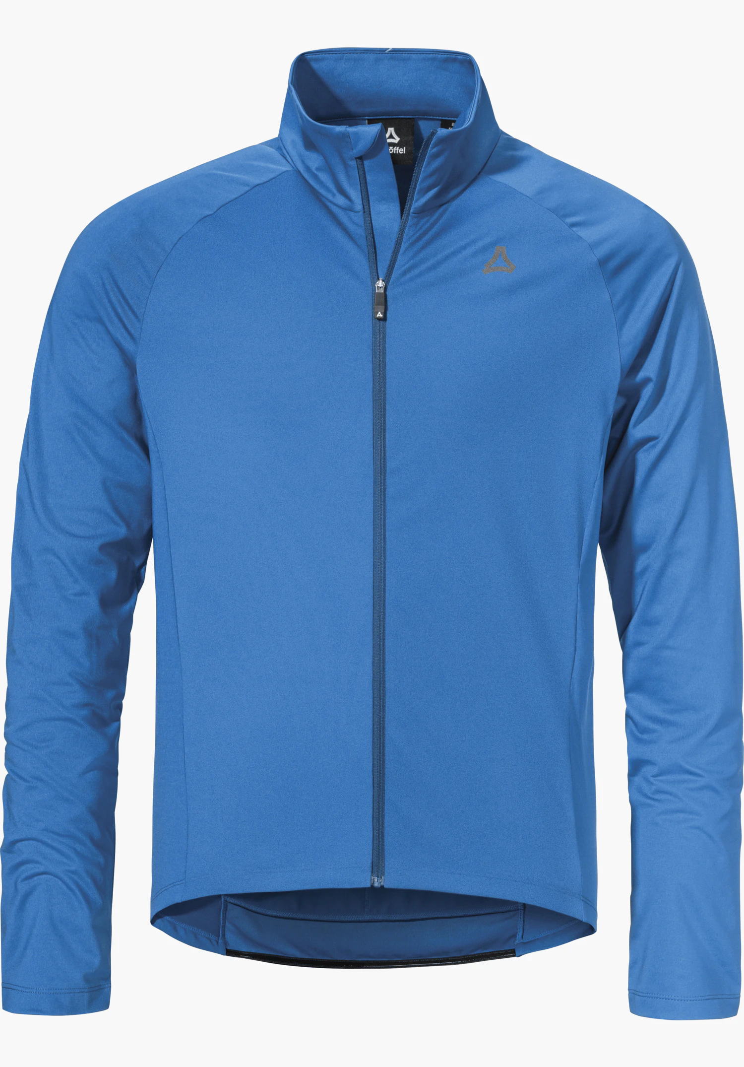 Longsleeve Style Kubena MNS blue long-sleeve cycling jersey with closed front zip; Schöffel logo on chest; inner label text “Schöffel”; isolated on a white background.