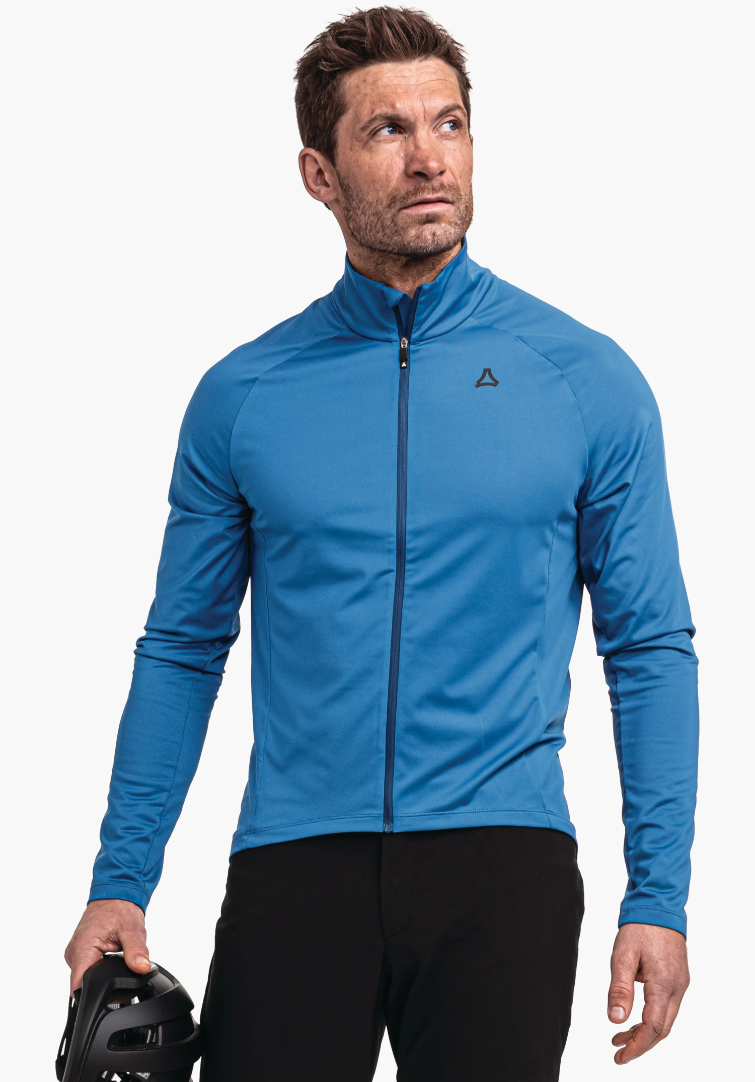 Longsleeve Style Kubena MNS blue sports jacket worn by a man holding a black bicycle helmet in the left hand; Schöffel logo on the chest; white studio background.