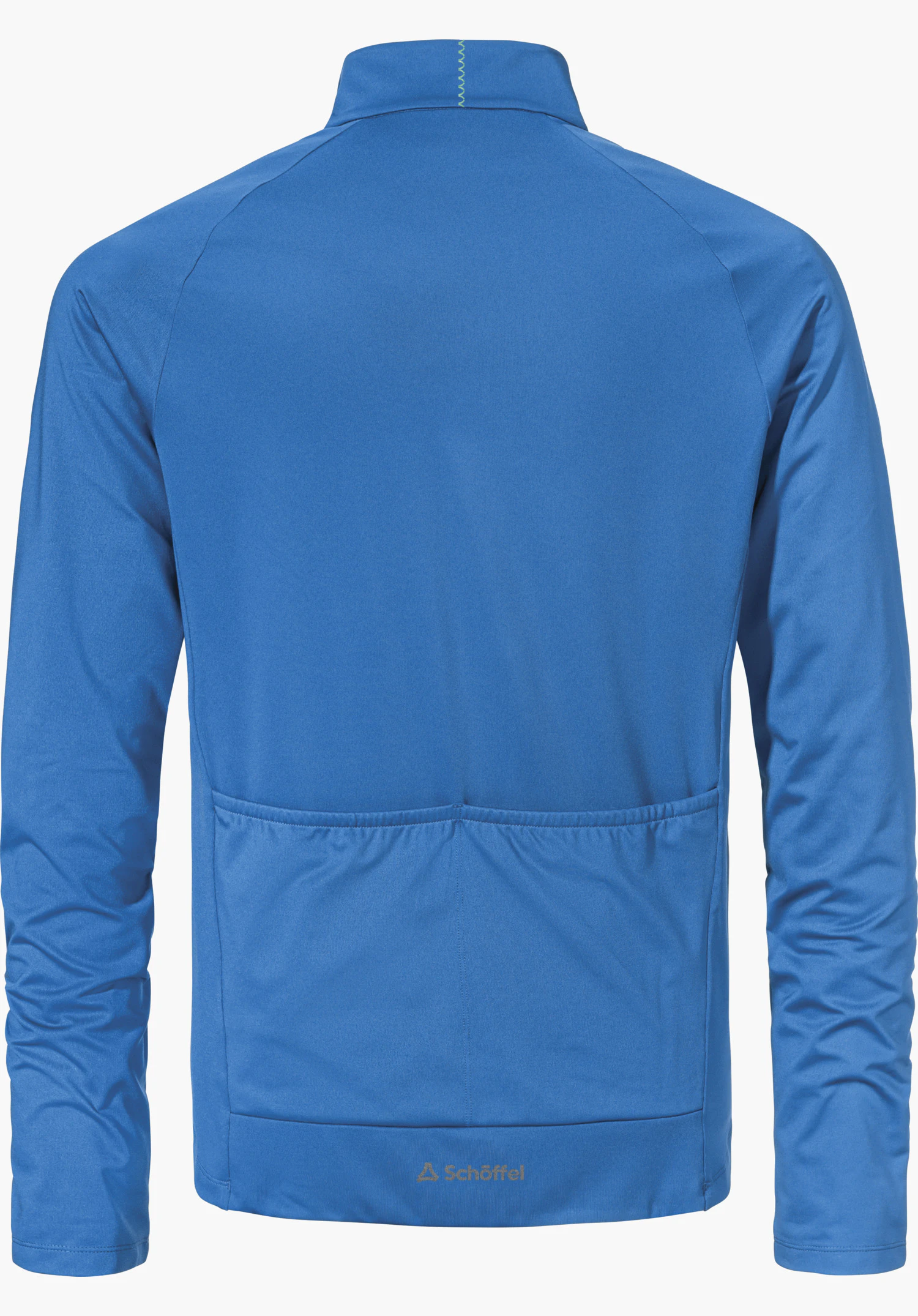 Longsleeve Style Kubena MNS rear view of a light blue top; garment shown with Schöffel logo and “Schöffel” lettering at the lower back, three rear pockets, stand-up collar, white background.