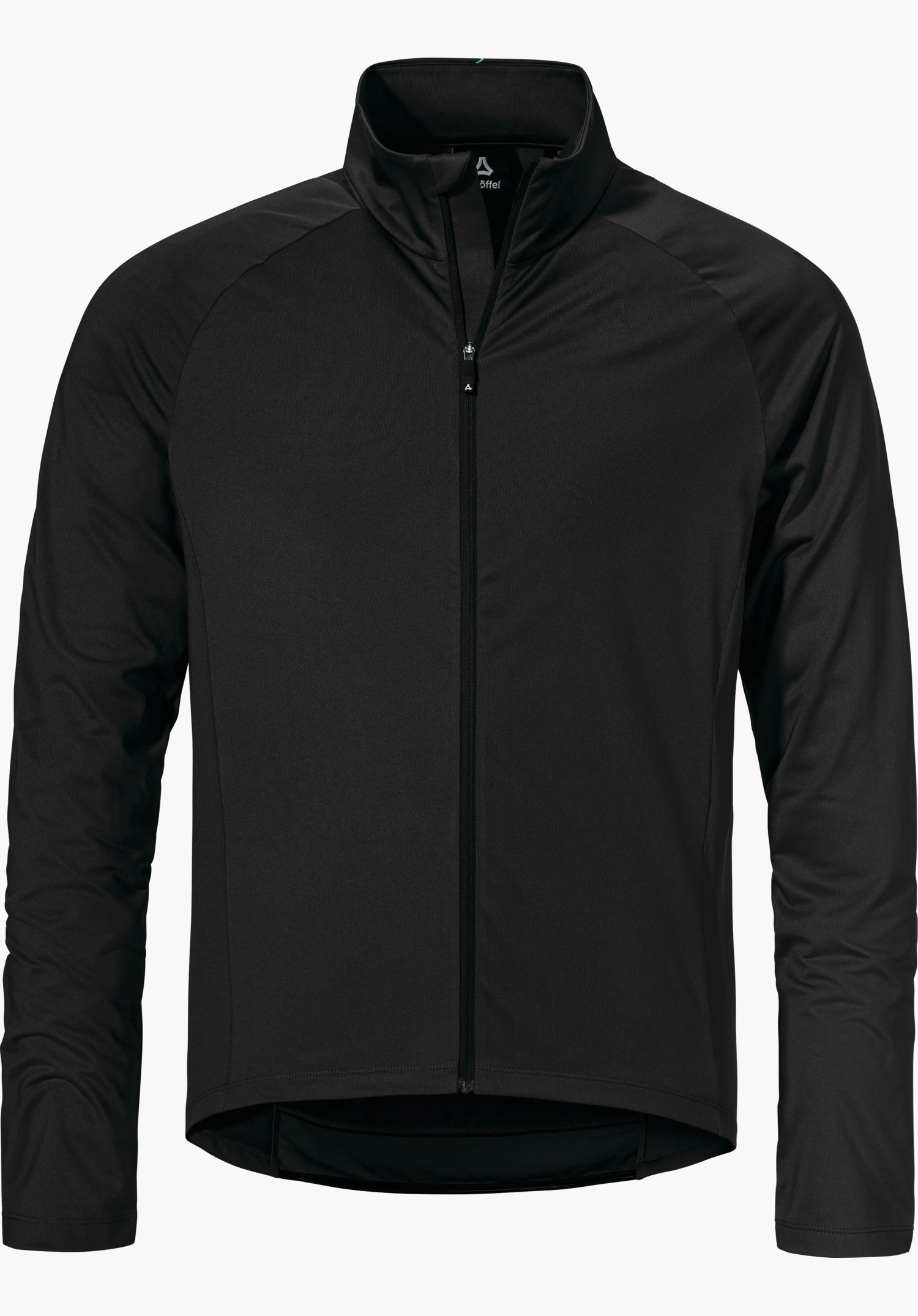 Longsleeve Style Kubena MNS Schwarzes, langärmeliges Radtrikot mit durchgehendem Reißverschluss, Stehkragen und längerem Rückenteil; frontal geschlossen vor weißem Hintergrund. Schöffel-Logo und Schriftzug: "Schöffel".
