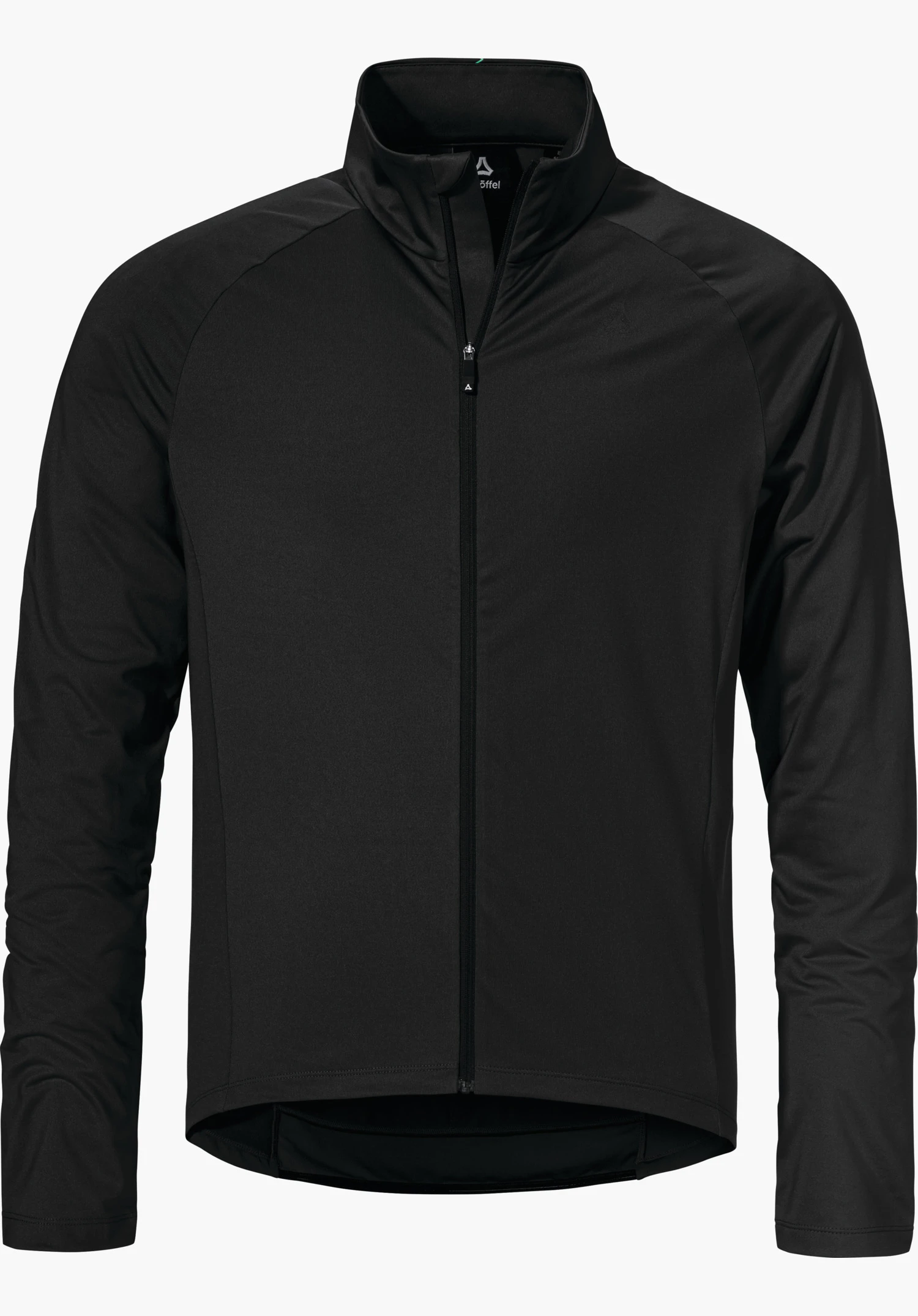 Longsleeve Style Kubena MNS black long-sleeve cycling jersey with full-length zip, stand-up collar and longer back hem; front closed on a white background. Schöffel logo and text: “Schöffel”.