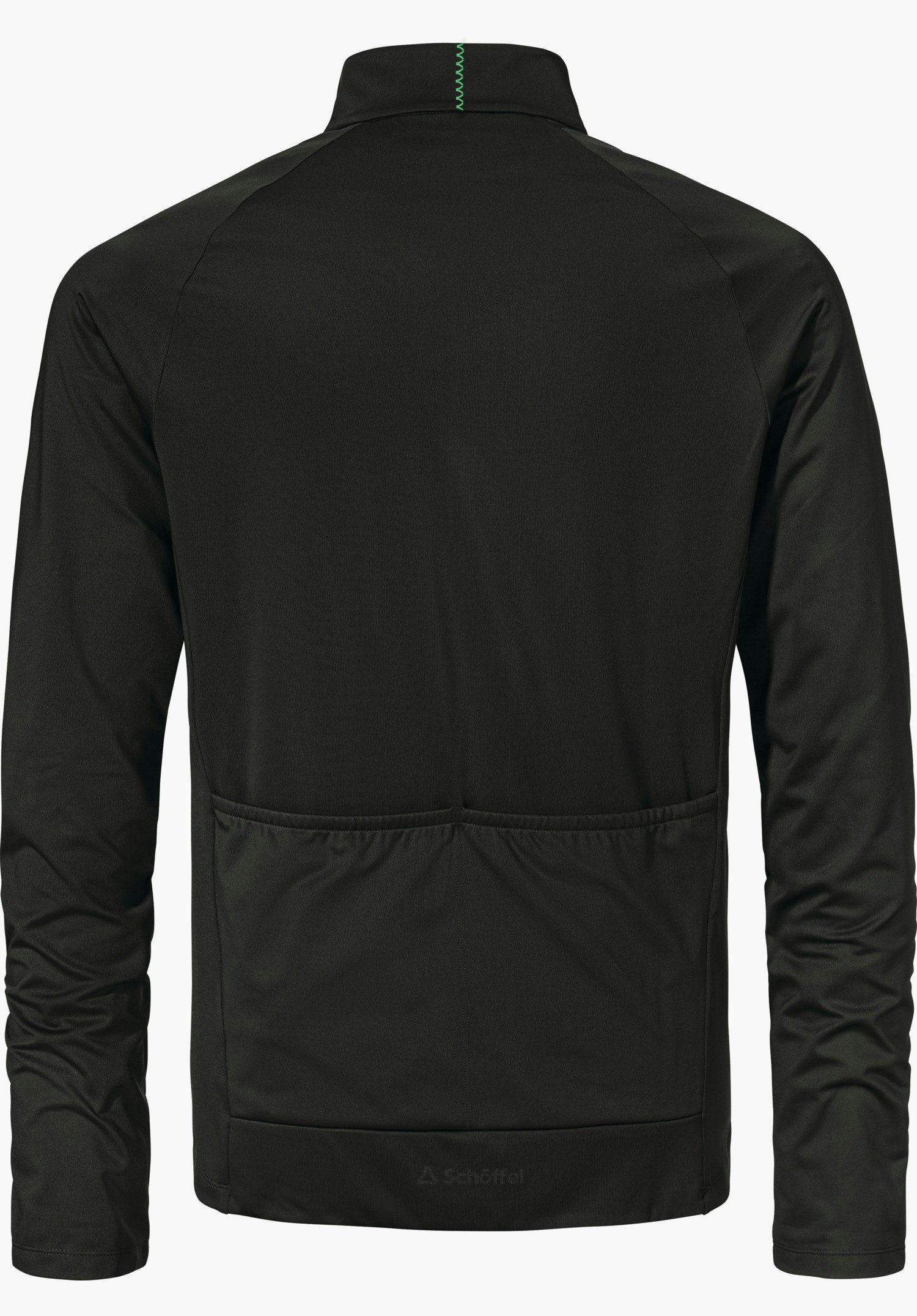 Longsleeve Style Kubena MNS Rücken eines dunkelgrünen Oberteils, präsentiert stehend; lange Ärmel, drei aufgesetzte Rücktaschen, grüner Zierstich am Kragen; neutraler weißer Hintergrund; Schöffel-Logo und Schriftzug "Schöffel".