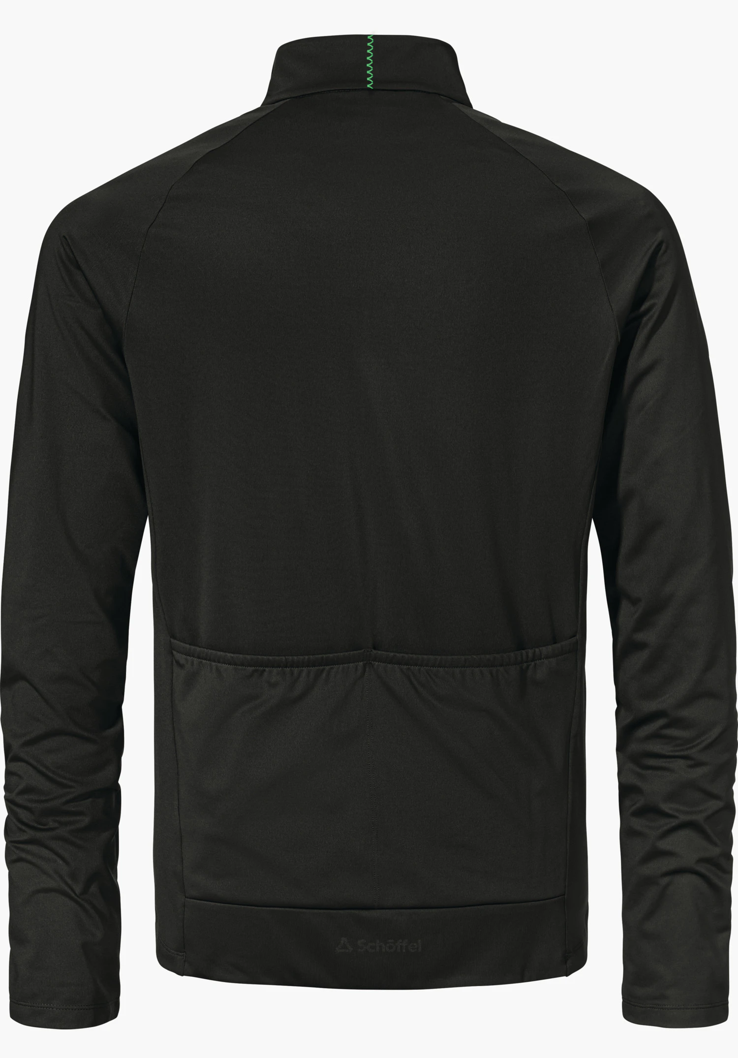 Longsleeve Style Kubena MNS back view of a dark green top, presented upright; long sleeves, three applied rear pockets, green decorative stitch at the collar; neutral white background; Schöffel logo and “Schöffel” lettering.