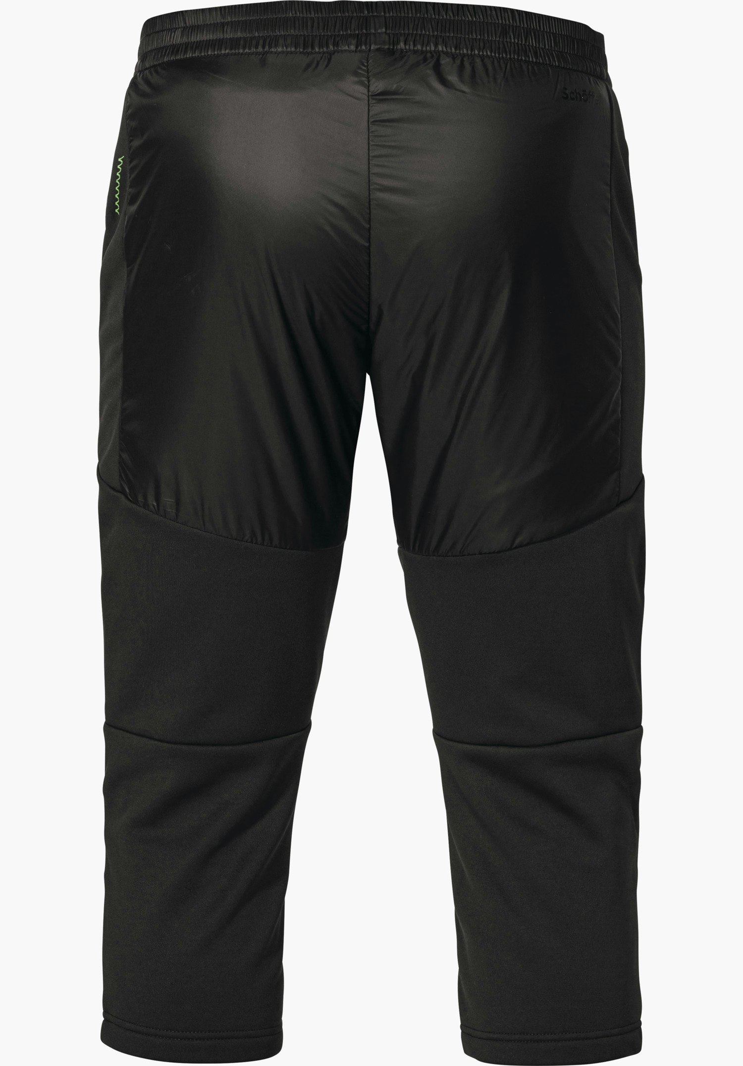 3/4 Pants Style Lufillo MNS black three-quarter-length trousers, shown from the back, with elasticated waistband and light green decorative stitching at the side; fabric mix glossy at the top, matt at the bottom; white background. Text: “Schöffel”.