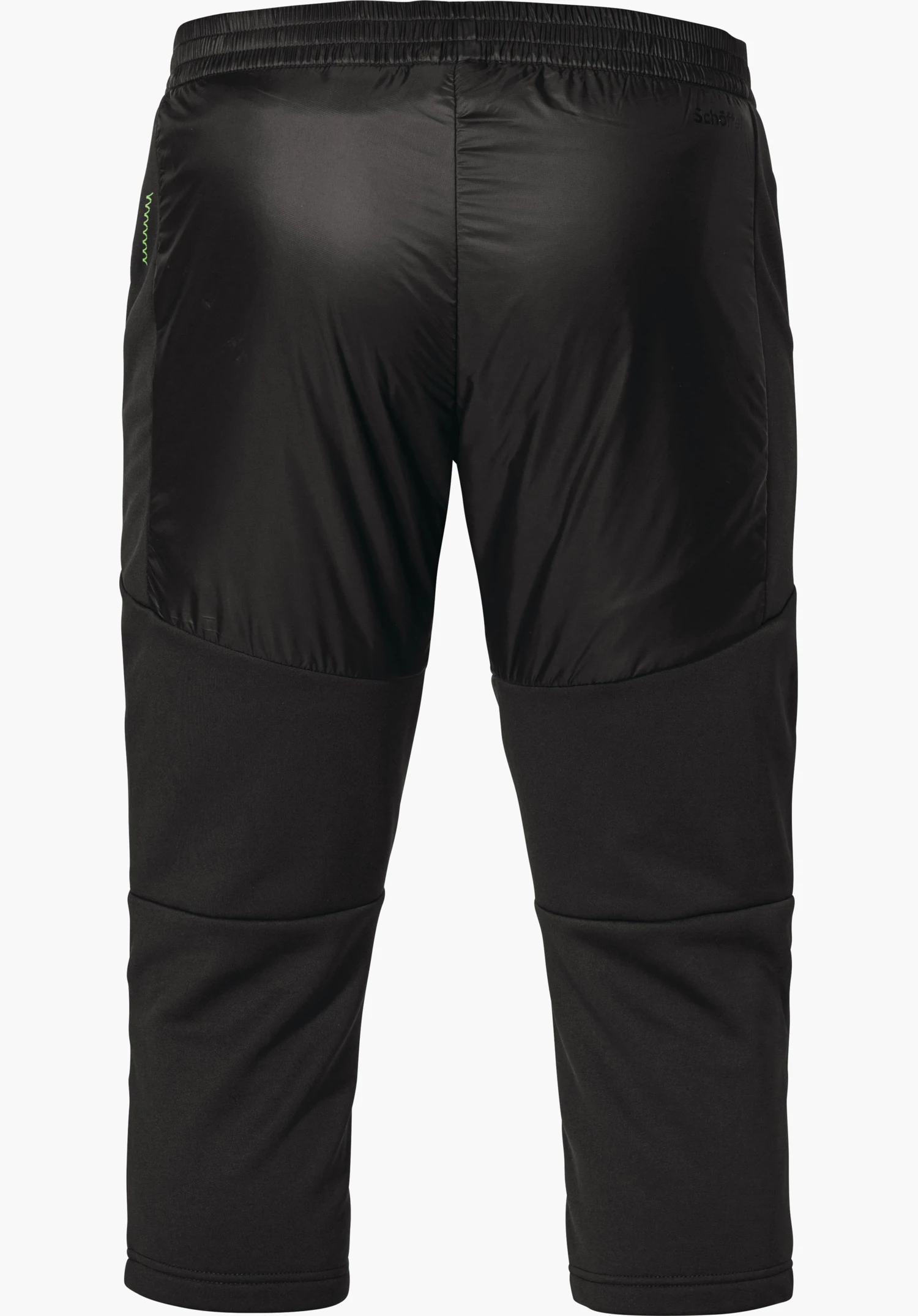3/4 Pants Style Lufillo MNS black three-quarter-length trousers, shown from the back, with elasticated waistband and light green decorative stitching at the side; fabric mix glossy at the top, matt at the bottom; white background. Text: “Schöffel”.