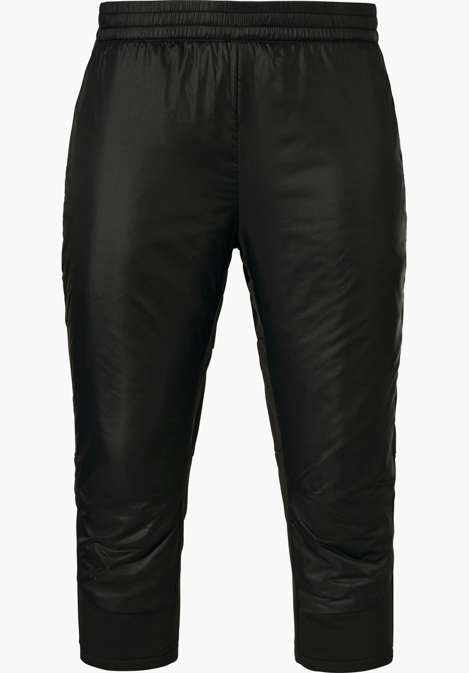 3/4 Pants Style Lufillo WMS black padded hybrid trousers (ankle-length) with elastic waistband; front view, calmly hanging on a white background. Smooth, slightly glossy surface, narrow leg openings.