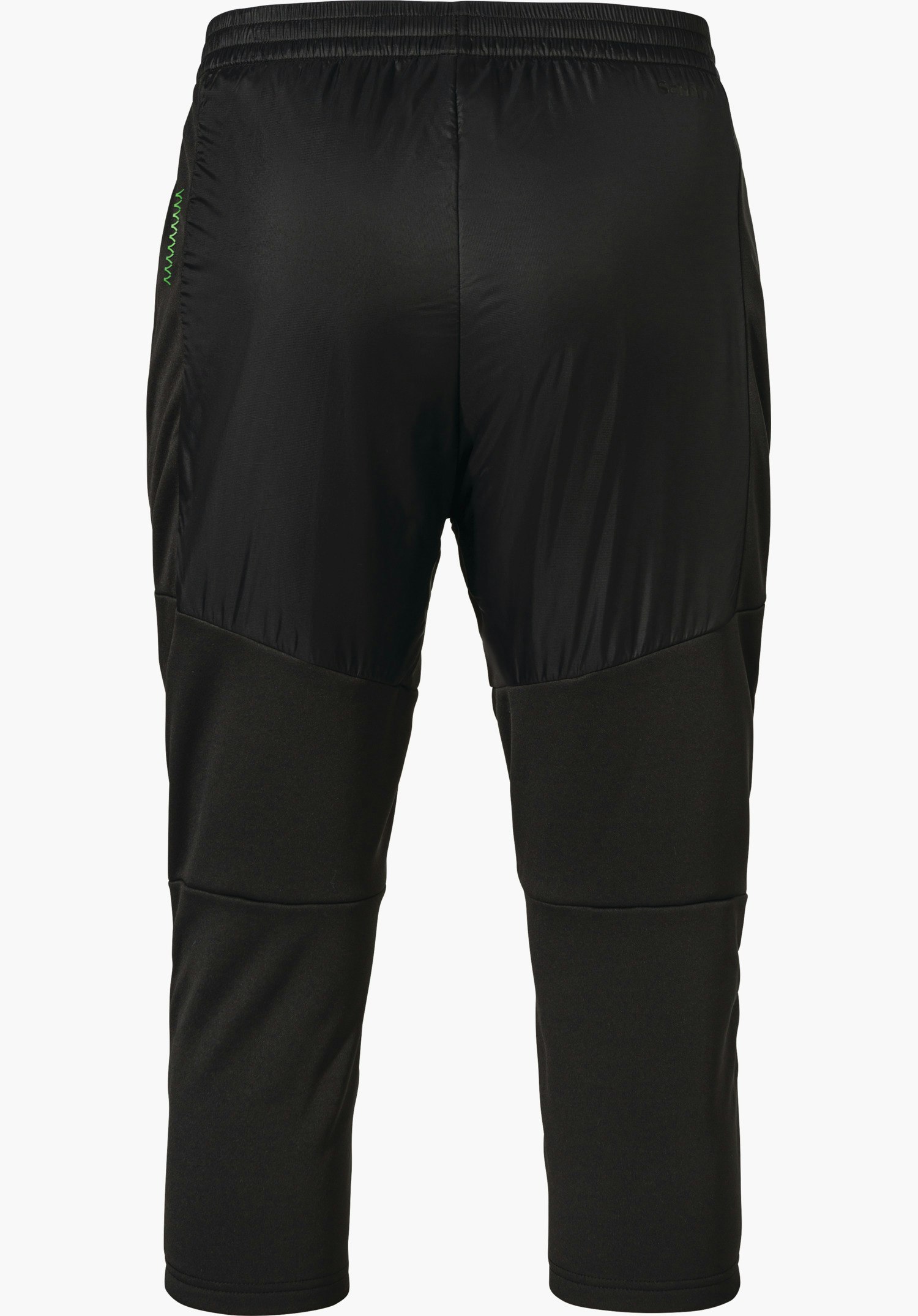 3/4 Pants Style Lufillo WMS Zwarte base-layer broek, achteraanzicht; elastische tailleband, glanzend inzetstuk op de dijen, matte pijpdelen, doorgestikte kniezone; klein lichtgroen zigzagdetail aan de linkerzijde.