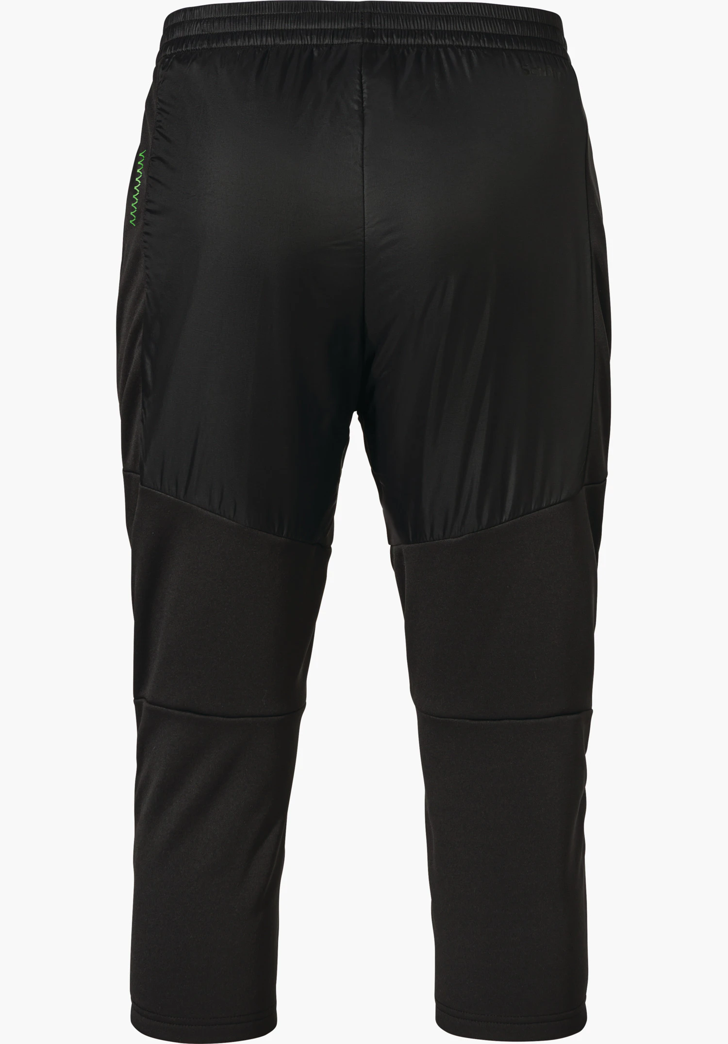 3/4 Pants Style Lufillo WMS Zwarte base-layer broek, achteraanzicht; elastische tailleband, glanzend inzetstuk op de dijen, matte pijpdelen, doorgestikte kniezone; klein lichtgroen zigzagdetail aan de linkerzijde.