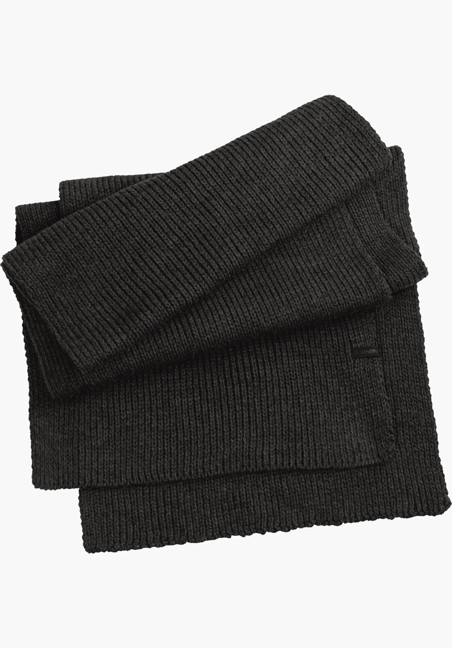 Scarf Style Boslix ALL écharpe noire en grosse maille, pliée sur fond blanc; étiquette visible avec inscription Schöffel.