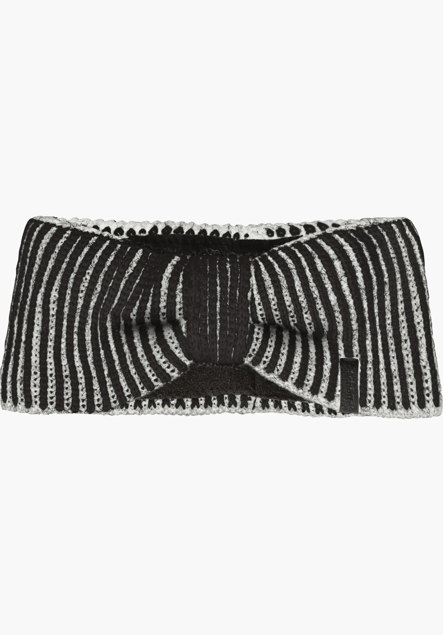 Headband Style Cledio ALL knitted headband with black and white stripes, front shaped into a bow; textured knit appearance; laid flat on a white background.