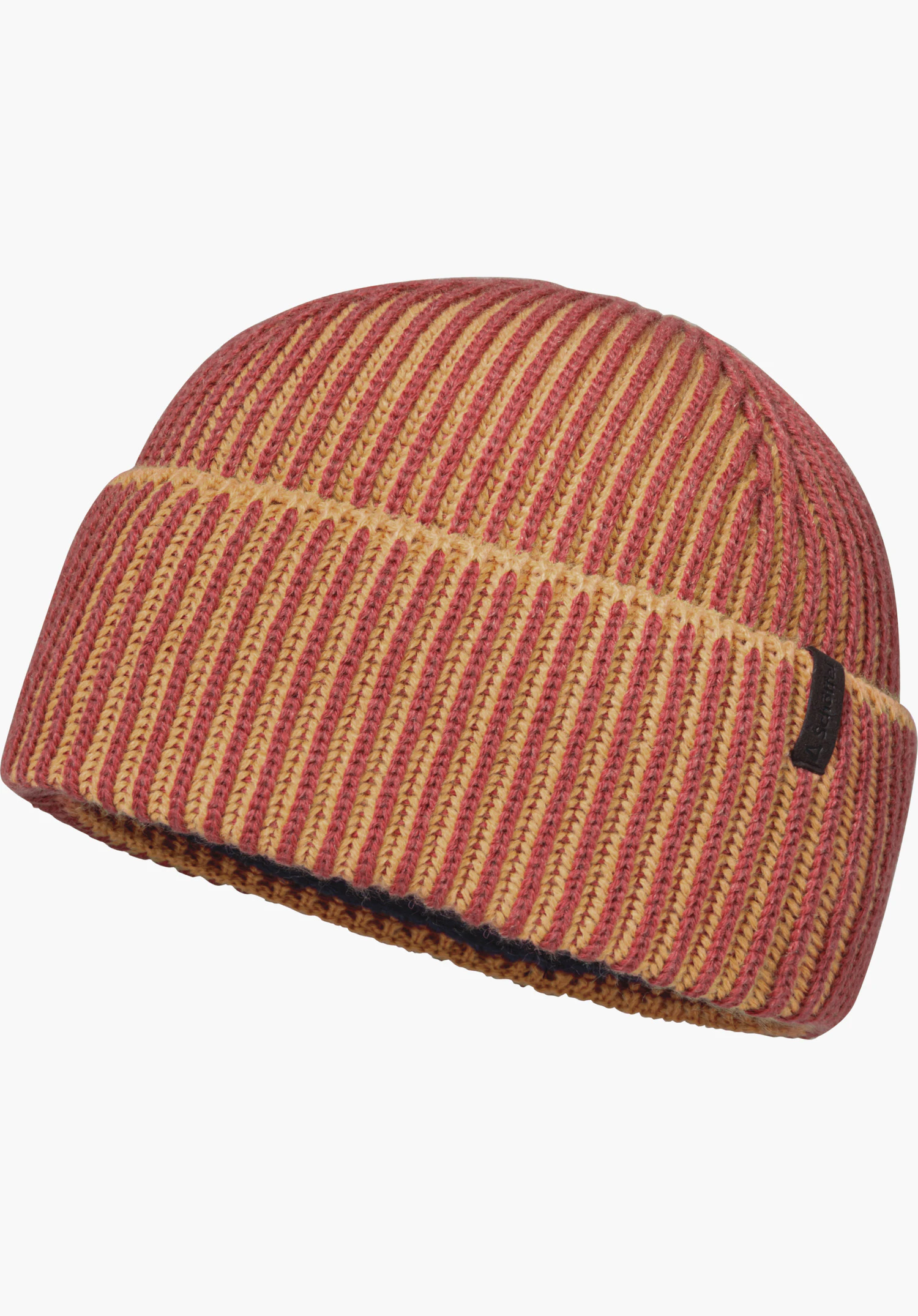 Hat Style Cledio ALL knitted beanie in pink-red and orange, ribbed; angled on a white background; turned-up brim; small black label with Schöffel logo at the edge.