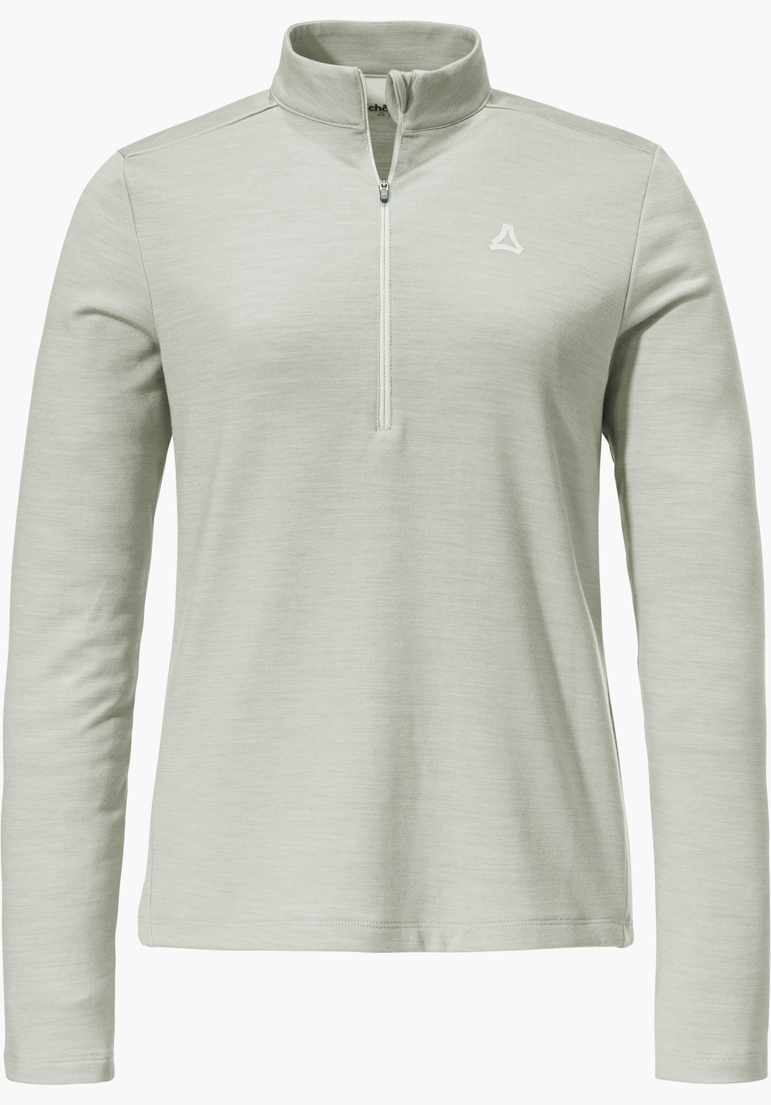 Longsleeve Style Canyfer WMS pull à manches longues avec demi-zip, gris clair, présenté de face; logo Schöffel sur la poitrine gauche; col montant, surface lisse, fond blanc neutre.