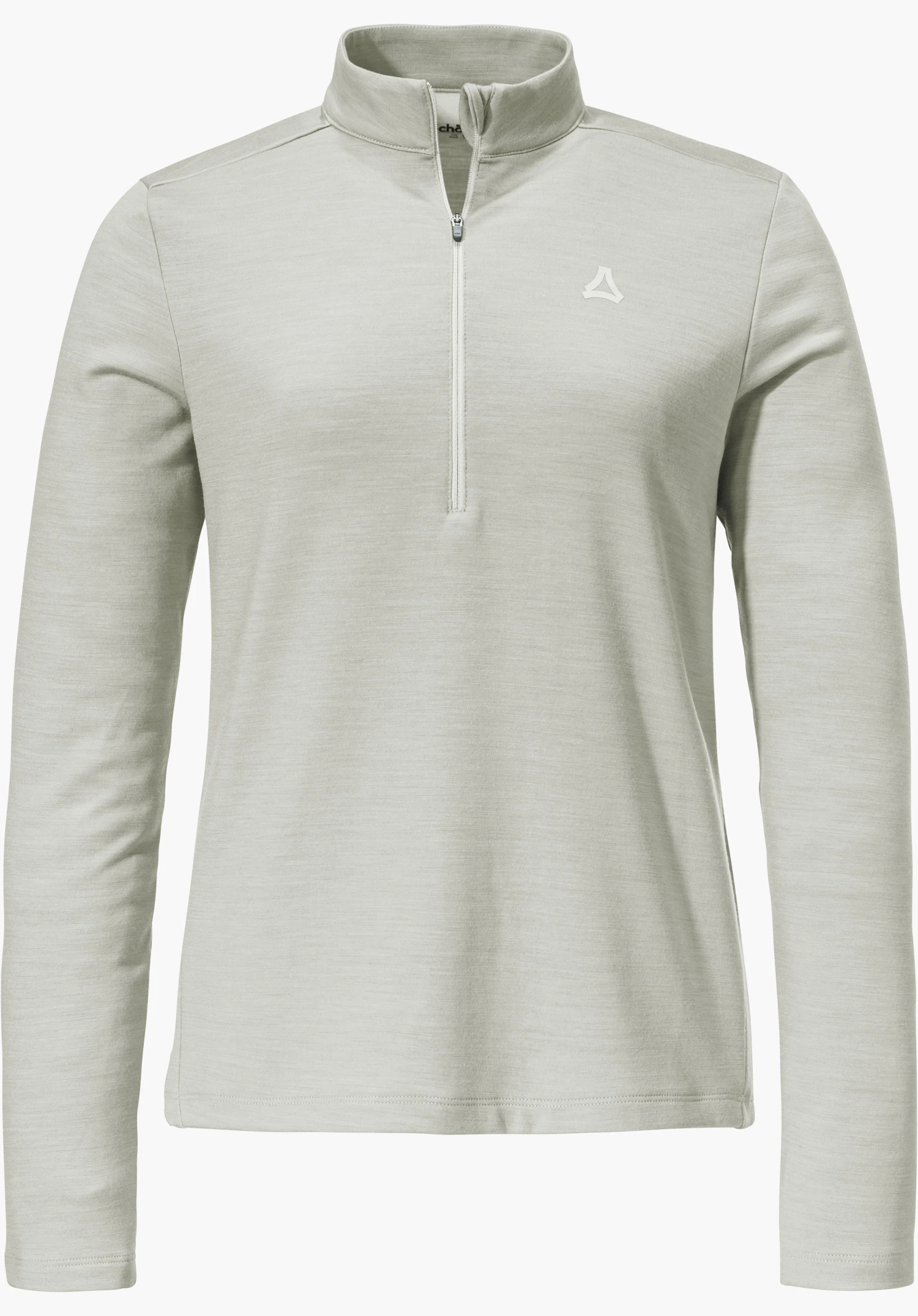 Longsleeve Style Canyfer WMS pull à manches longues avec demi-zip, gris clair, présenté de face; logo Schöffel sur la poitrine gauche; col montant, surface lisse, fond blanc neutre.