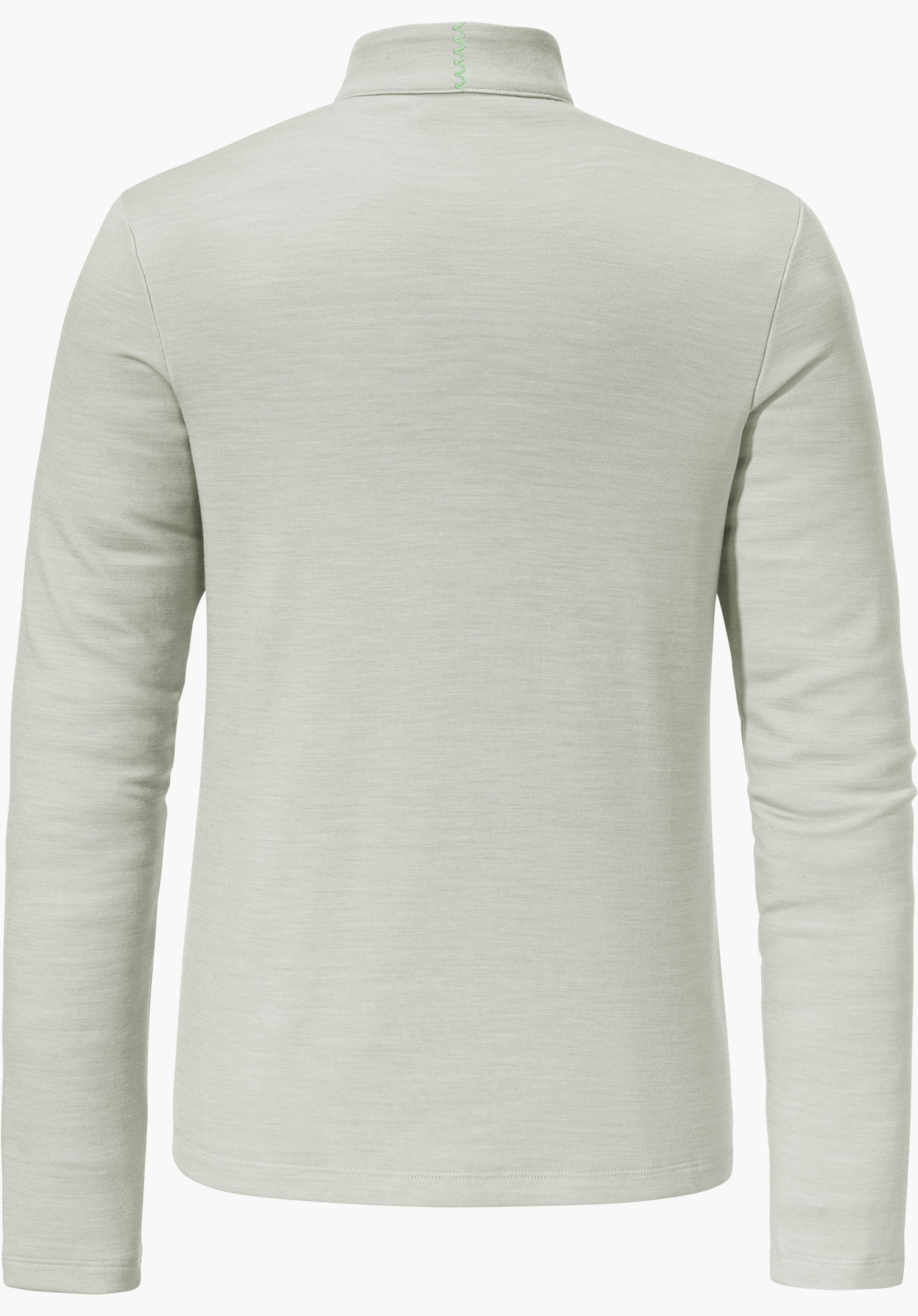 Longsleeve Style Canyfer WMS Langarmshirt, von hinten präsentiert; hellgrün, lange Ärmel, hoher Stehkragen mit grüner Ziernaht, gerade geschnitten, weißer Hintergrund.