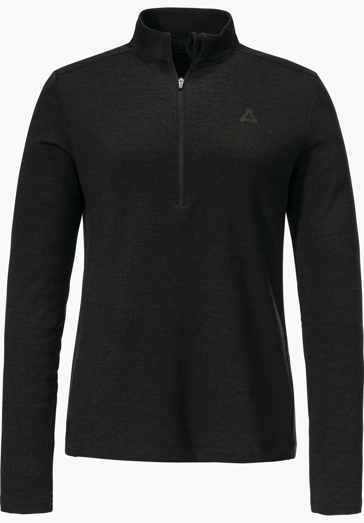 Longsleeve Style Canyfer WMS pull noir à manches longues avec col montant et demi-zip; logo Schöffel sur la poitrine gauche; coupe droite; présenté sur fond blanc.