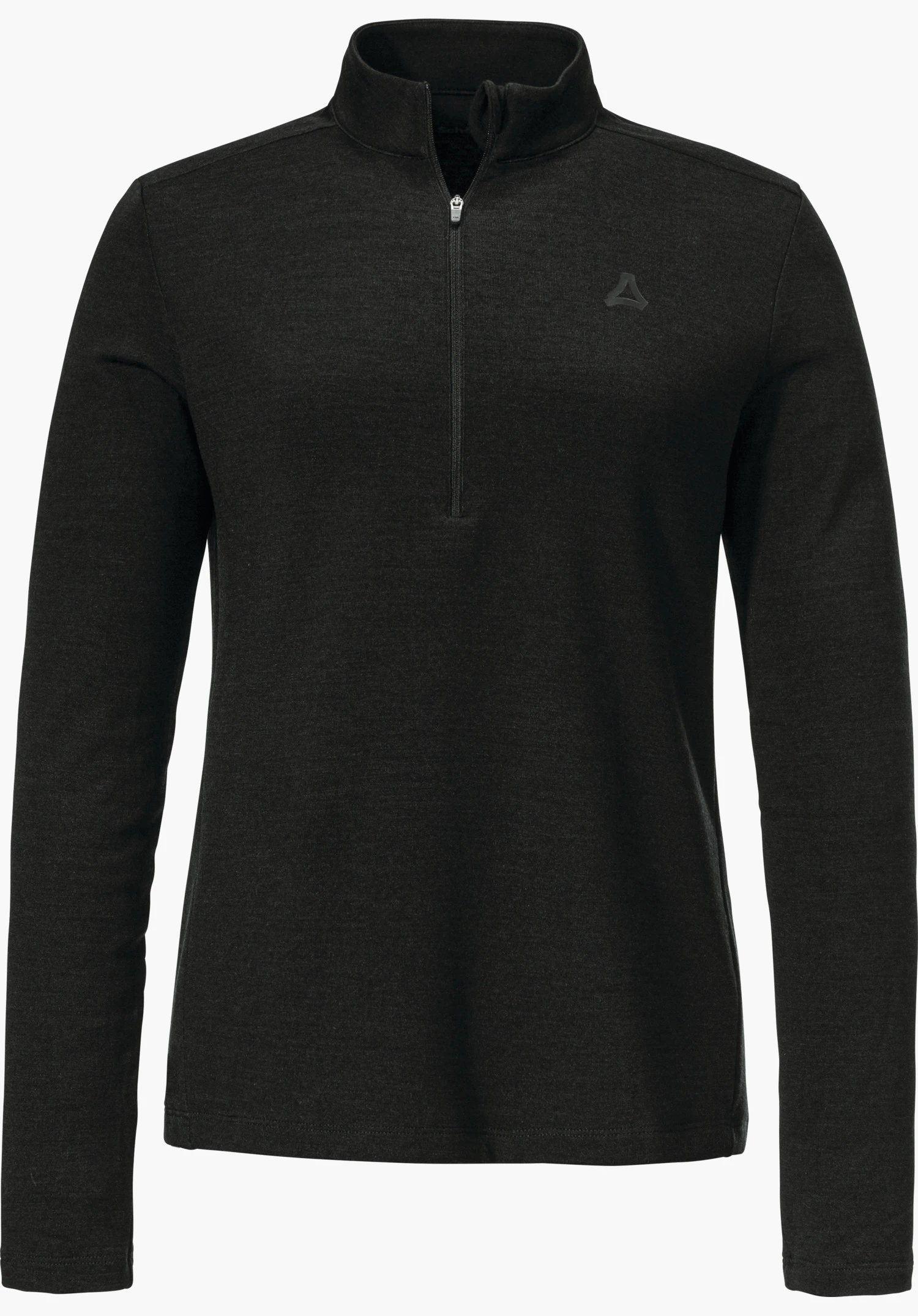 Longsleeve Style Canyfer WMS pull noir à manches longues avec col montant et demi-zip; logo Schöffel sur la poitrine gauche; coupe droite; présenté sur fond blanc.