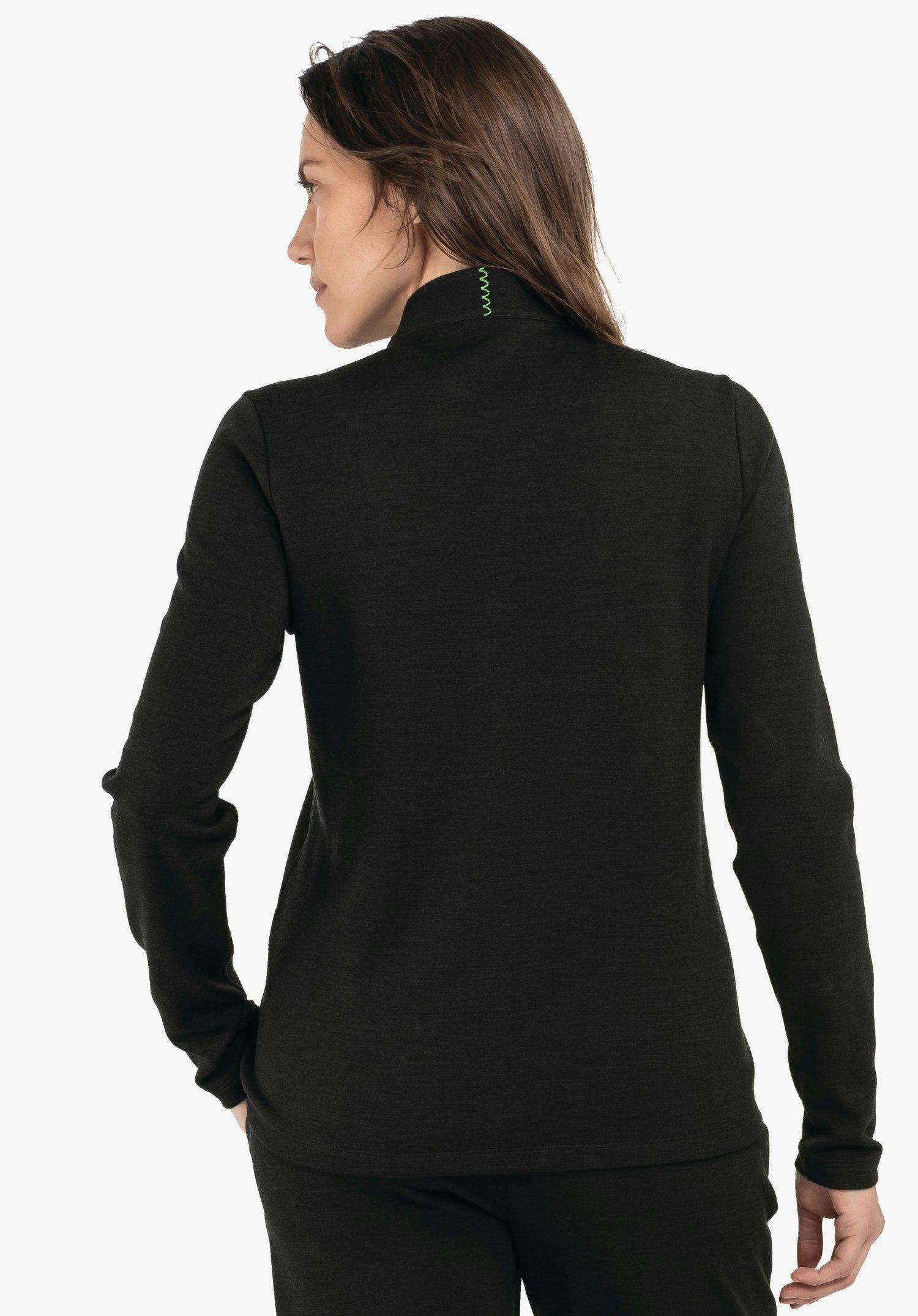 Longsleeve Style Canyfer WMS black long-sleeve jumper lying smoothly across the back of a standing person; high collar with light green decorative stitching; neutral background.