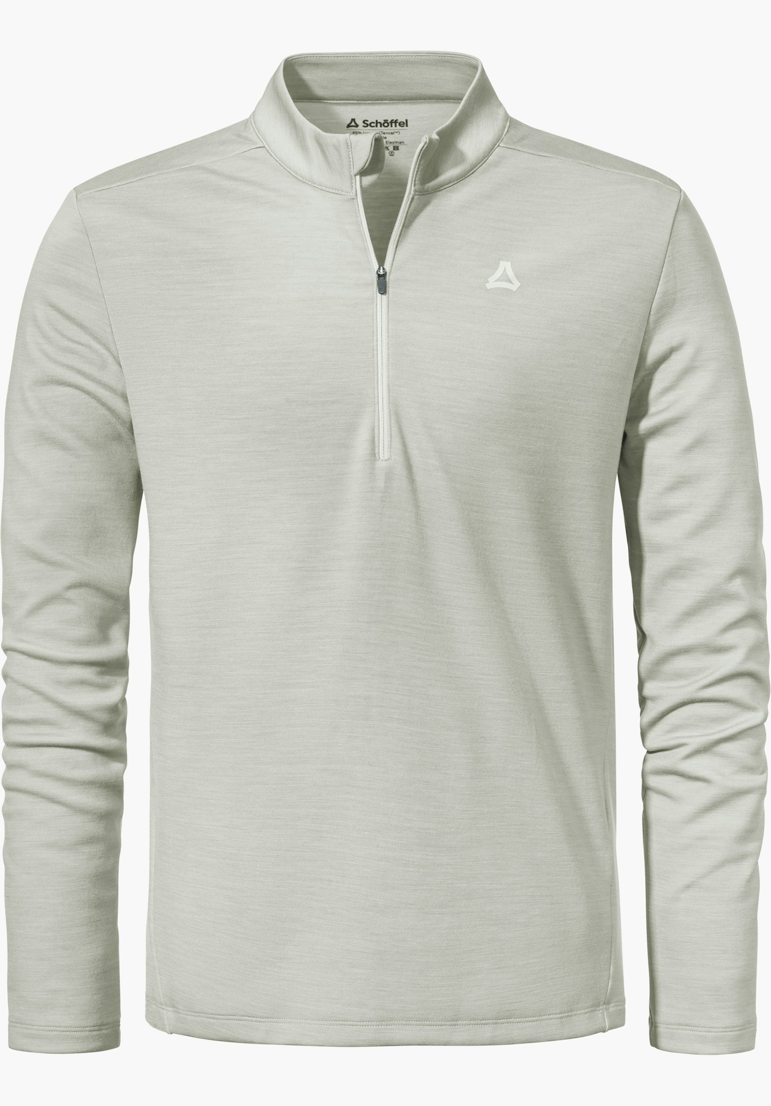 Longsleeve Style Canyfer MNS Hellgraues Quarter-Zip-Sweatshirt mit halb geschlossenem Reißverschluss am Kragen; Schöffel-Logo auf der Brust; Schriftzug "Schöffel" im Kragen; lange Ärmel; vor weißem Hintergrund.