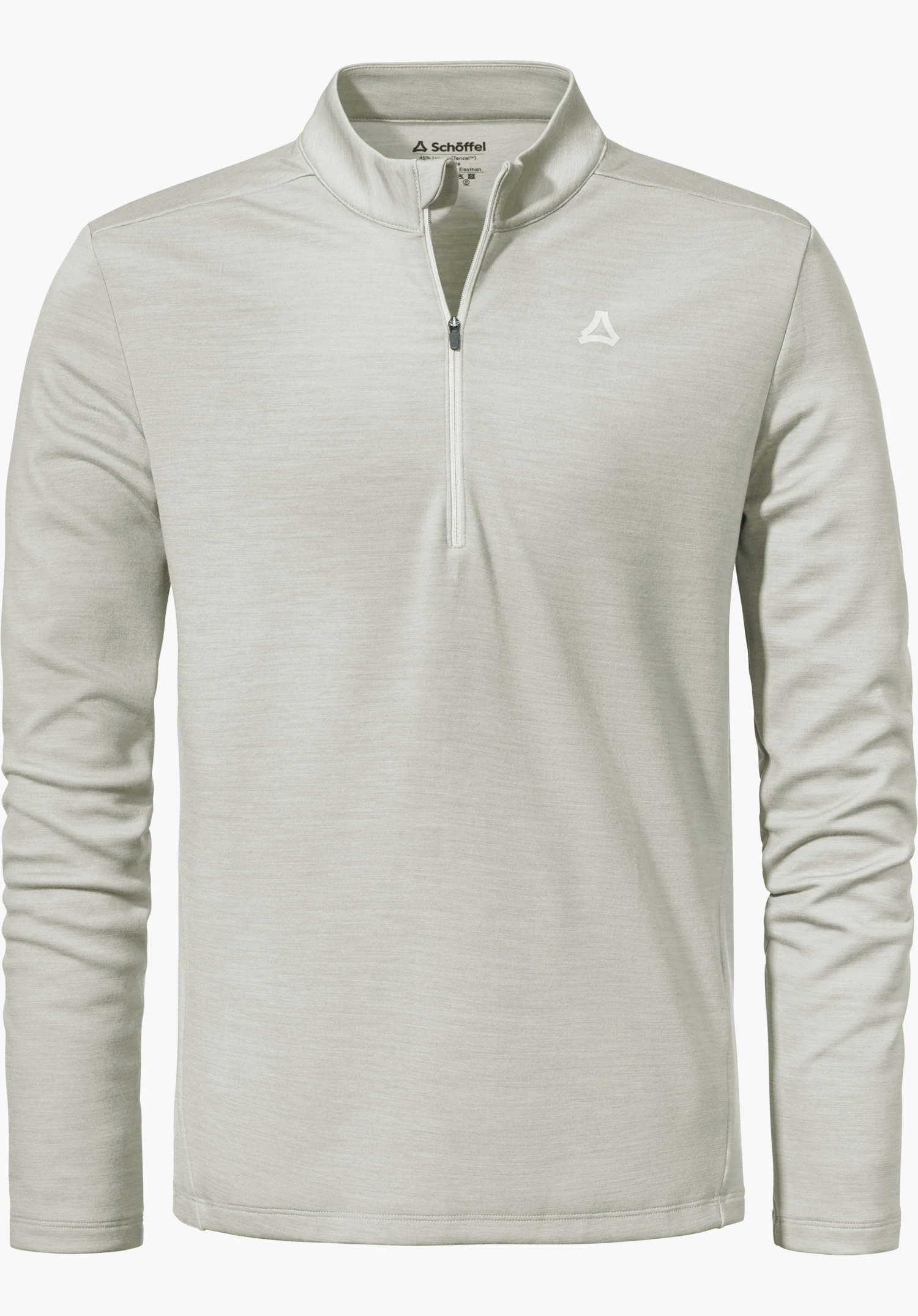 Longsleeve Style Canyfer MNS light grey quarter-zip sweatshirt with half-closed zip at the collar; Schöffel logo on the chest; “Schöffel” lettering inside the collar; long sleeves; white background.