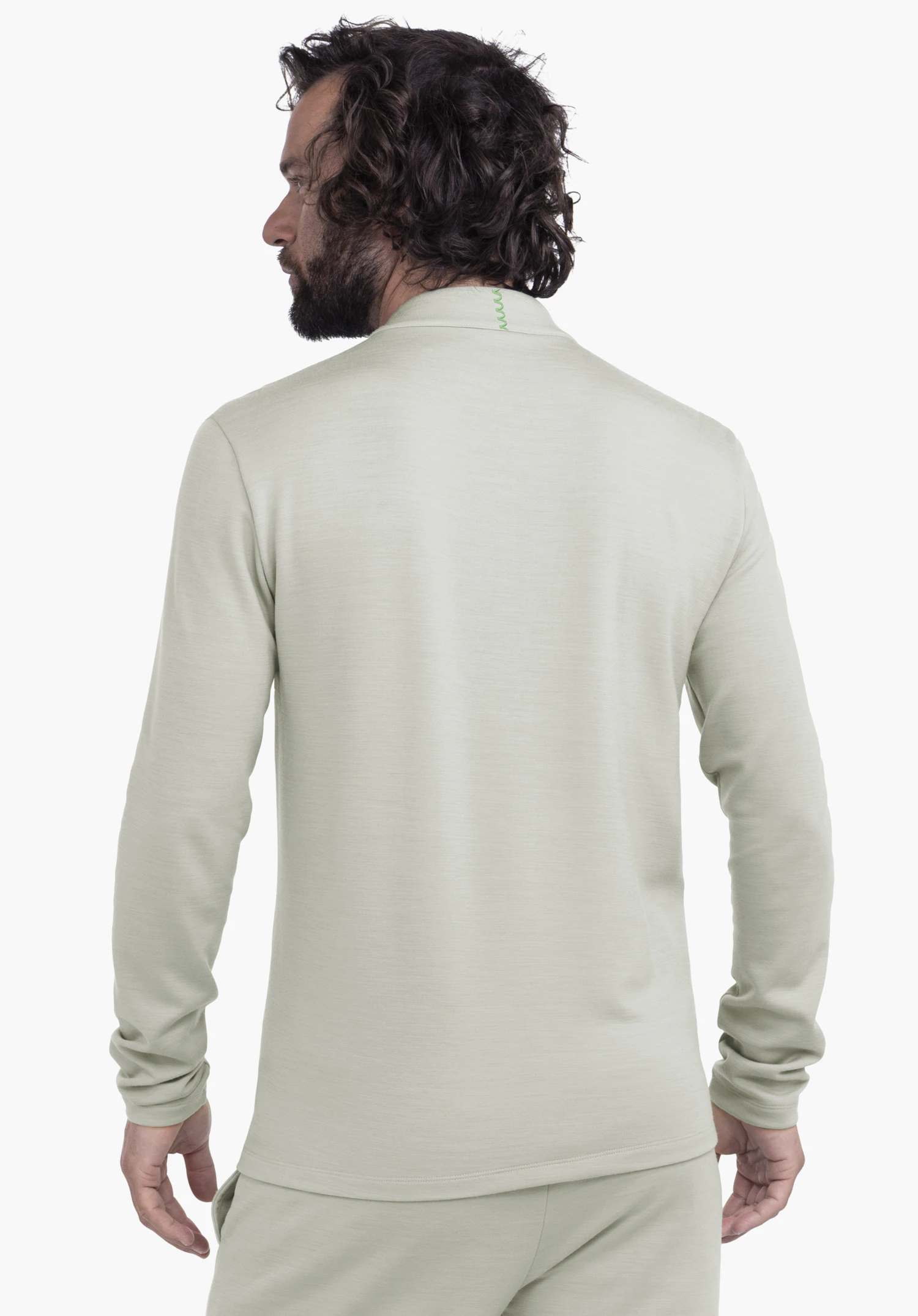Longsleeve Style Canyfer MNS light green long-sleeve shirt worn by a man standing with his back to the camera; curly hair visible, matching trousers; white studio background.