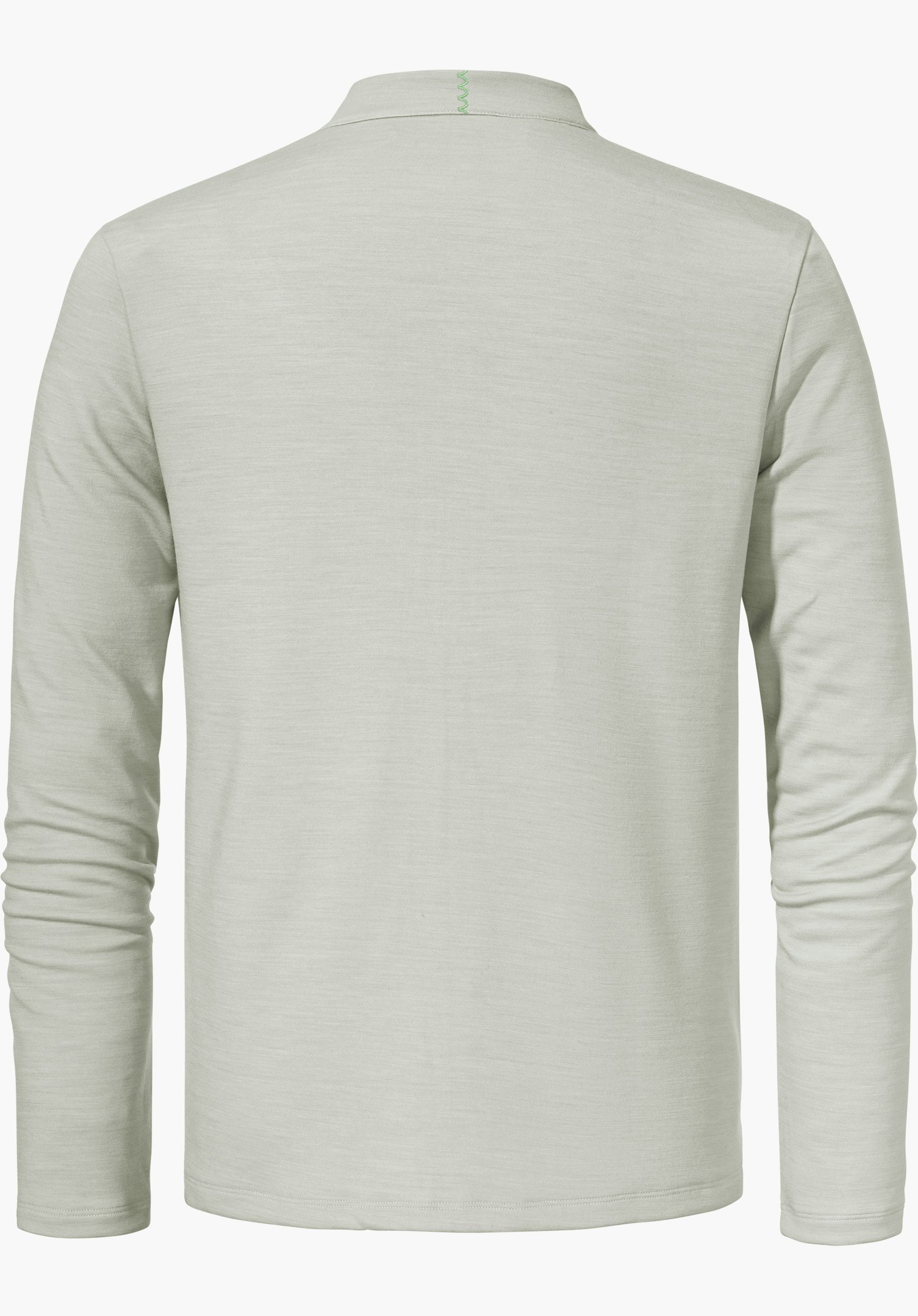 Longsleeve Style Canyfer MNS Langarmshirt hell grün, zeigt Rückenansicht; Ärmel lang und entspannt, kleiner grüner Zickzackstich am Kragen; auf weißem Hintergrund, Studioaufnahme.