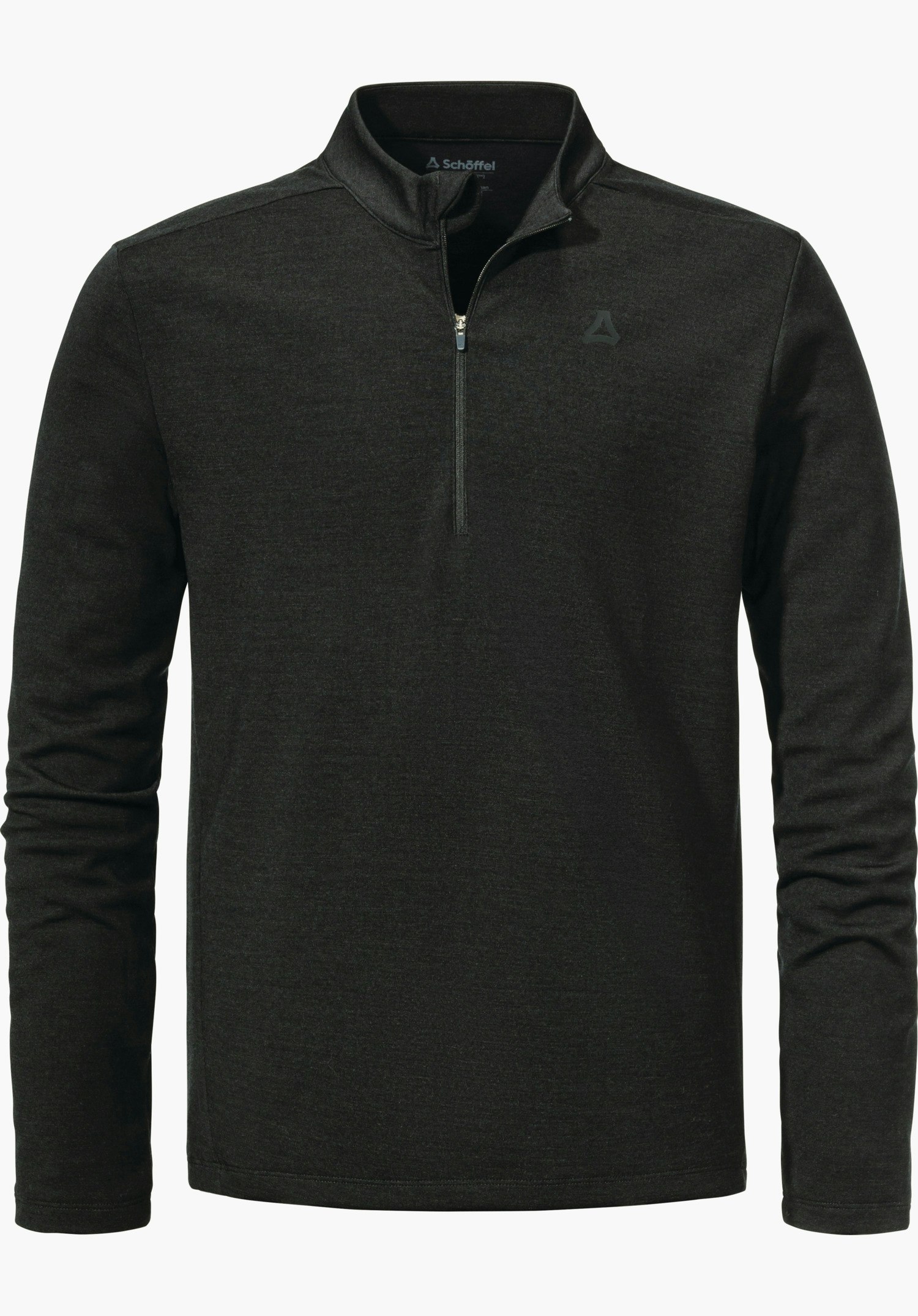 Longsleeve Style Canyfer MNS Schwarzes Quarter-Zip-Sweatshirt mit halb geschlossenem Reißverschluss am Kragen; Schöffel-Logo auf der Brust; Schriftzug "Schöffel" im Kragen; lange Ärmel; vor weißem Hintergrund.