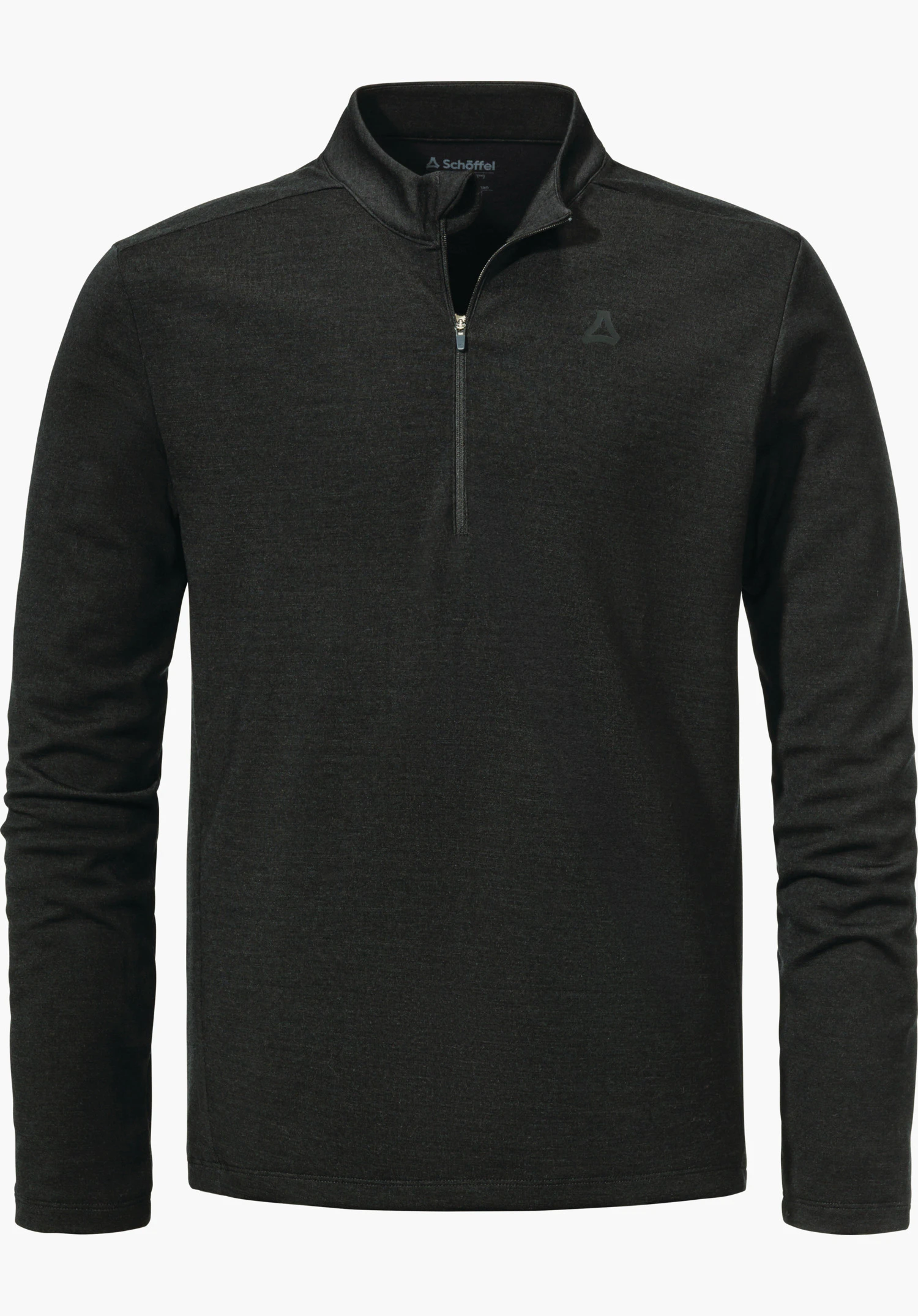 Longsleeve Style Canyfer MNS black quarter-zip sweatshirt with half-closed zip at the collar; Schöffel logo on the chest; “Schöffel” lettering inside the collar; long sleeves; white background.