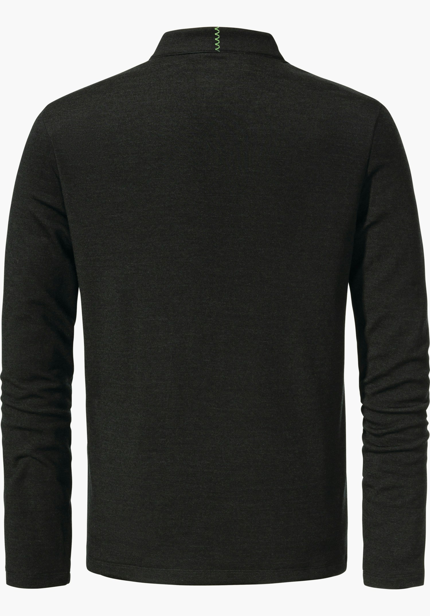 Longsleeve Style Canyfer MNS schwarzes Langarmshirt, Rückansicht; hellgrüner Zierstich mittig am Kragen, gerade geschnittene Ärmel, glatter Stoff, auf weißem Hintergrund.