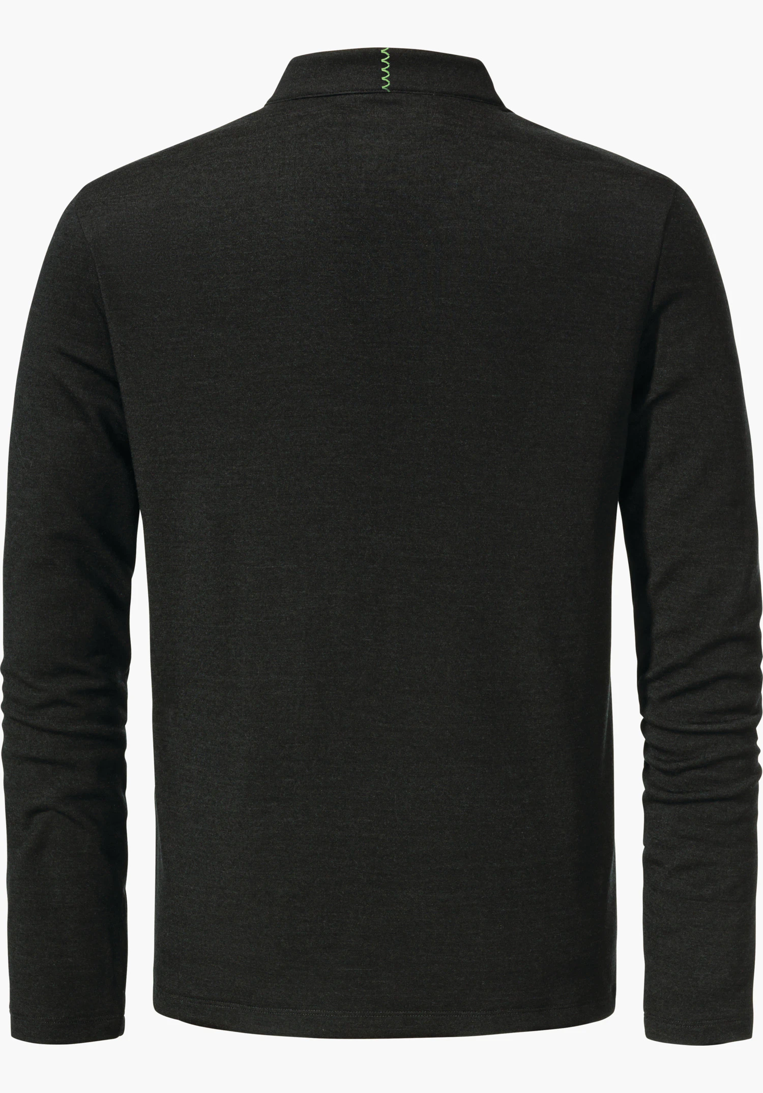 Longsleeve Style Canyfer MNS black long-sleeved shirt, rear view; light green decorative stitch centred at the collar, straight-cut sleeves, smooth fabric, white background.