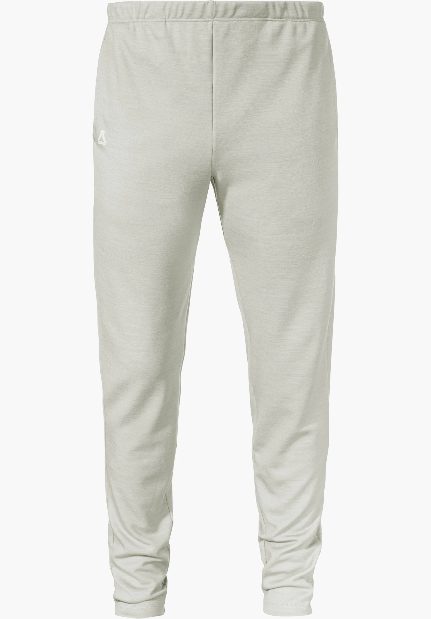 Pants Style Canyfer MNS light grey base layer trousers, front view, laid flat; slim legs, elasticated waistband; white Schöffel logo on the left thigh; white background.