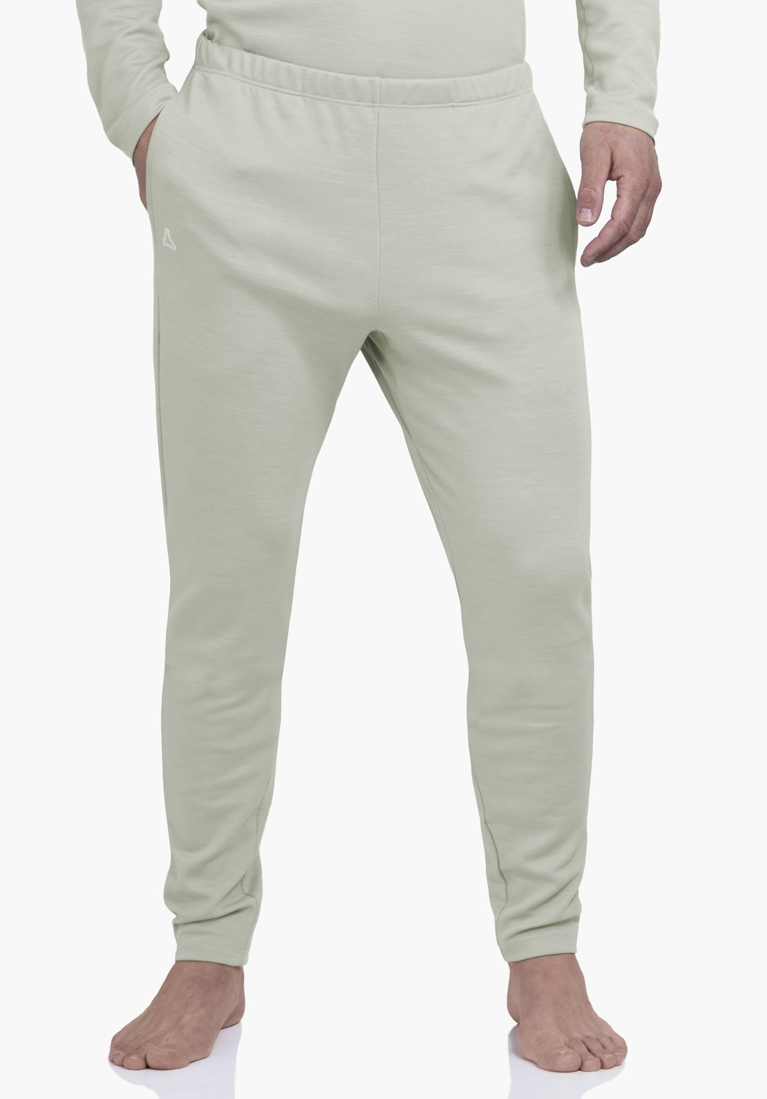 Pants Style Canyfer MNS Jogging trousers: slim light green trousers with Schöffel logo, standing, hands in pockets, legs slightly apart, against a neutral background.