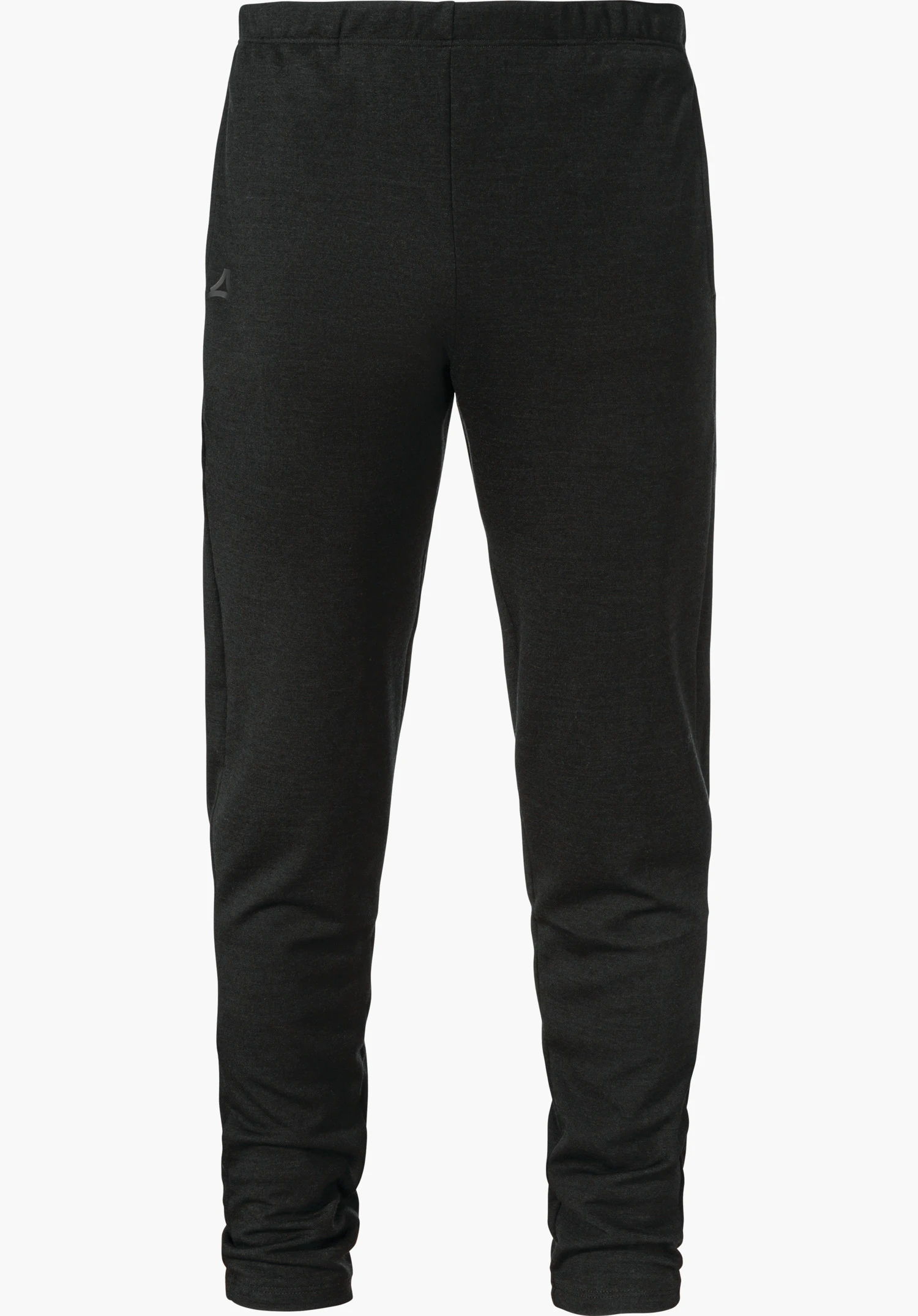 Pants Style Canyfer MNS black base layer trousers, front view; slim fit with elasticated waistband; Schöffel logo on the left thigh; smooth fabric on a white background.