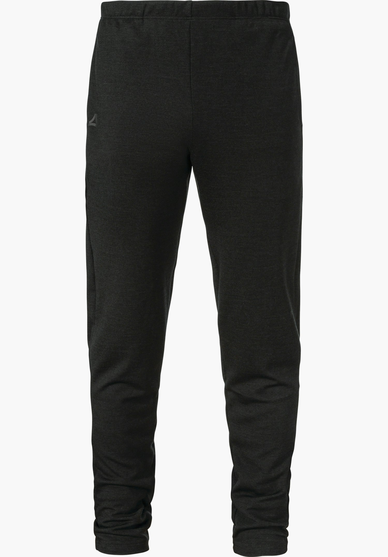 Pants Style Canyfer MNS Schwarze Base Layer Hose, frontal präsentiert; schlanke Passform mit elastischem Bund, Schöffel-Logo an linker Oberschenkel; glatter Stoff vor weißem Hintergrund.
